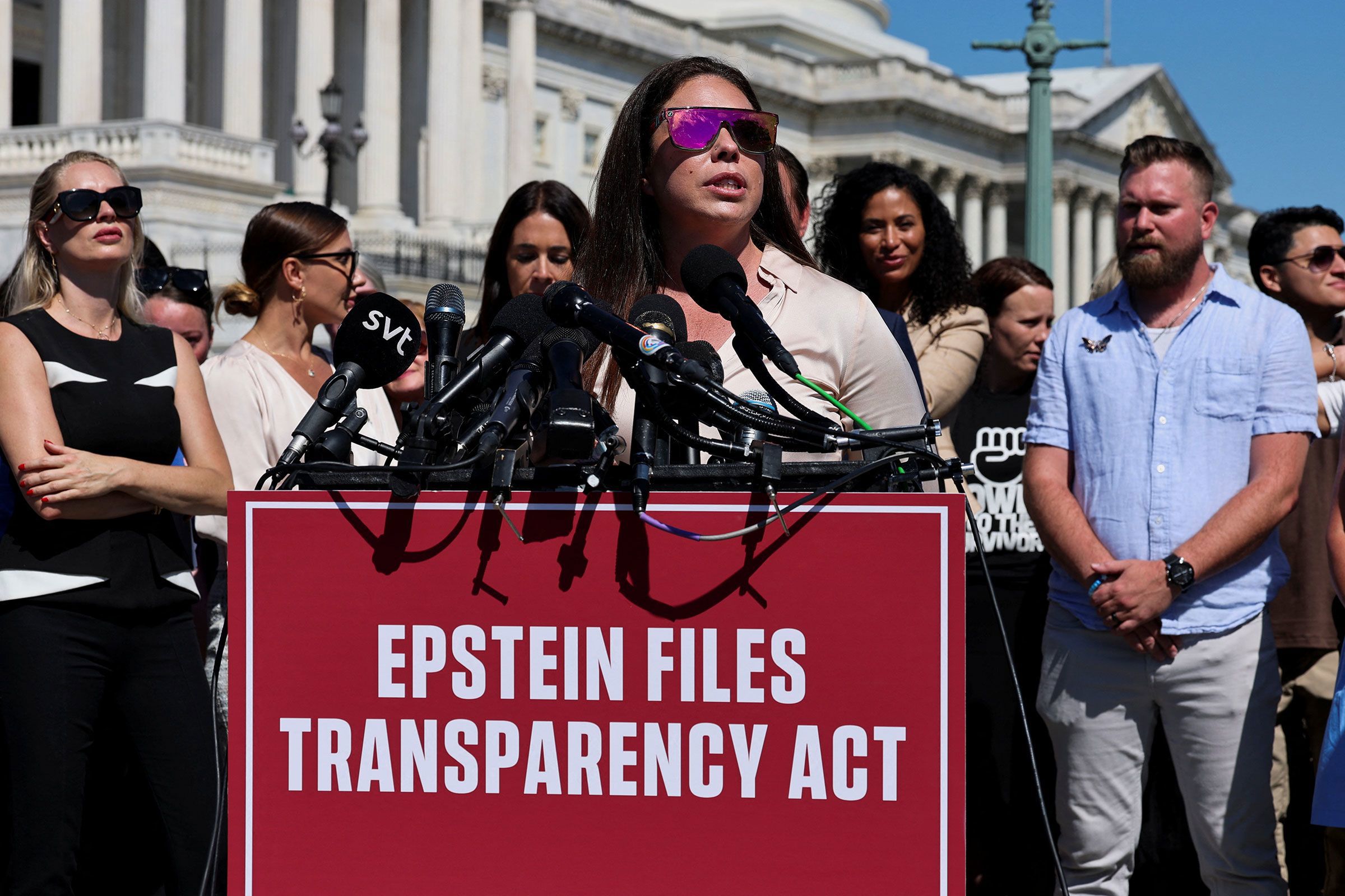 Haley Robson speaks during a press conference. 