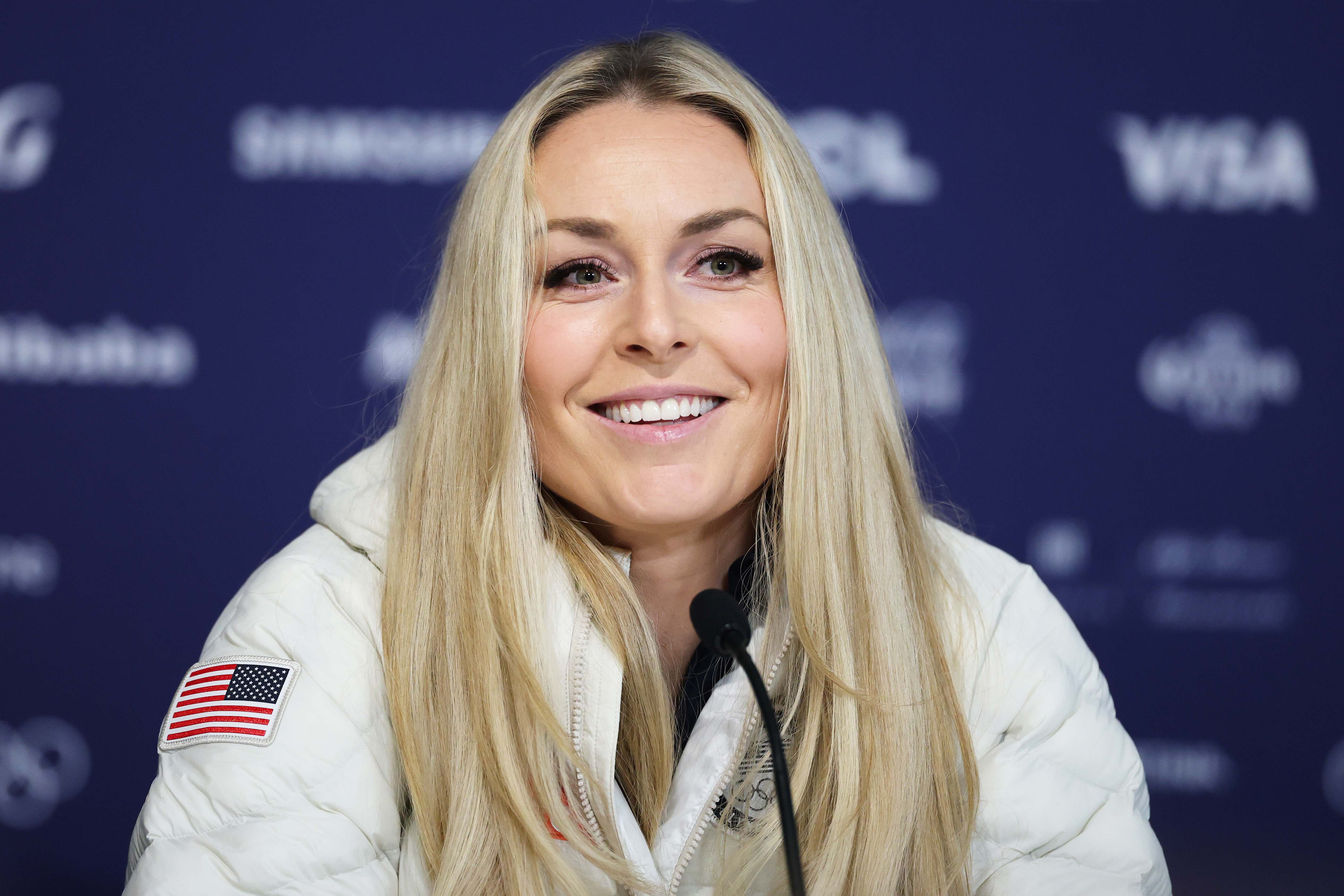 CORTINA, ITALY - FEBRUARY 03: Lindsey Vonn of Team United States looks on during a Team United States Women's Alpine Skiing press conference at Cortina Curling Olympic Stadium on day minus three ahead of the Milano Cortina 2026 Winter Olympics on February 03, 2026 in Cortina, Italy. (Photo by Ezra Shaw/Getty Images)