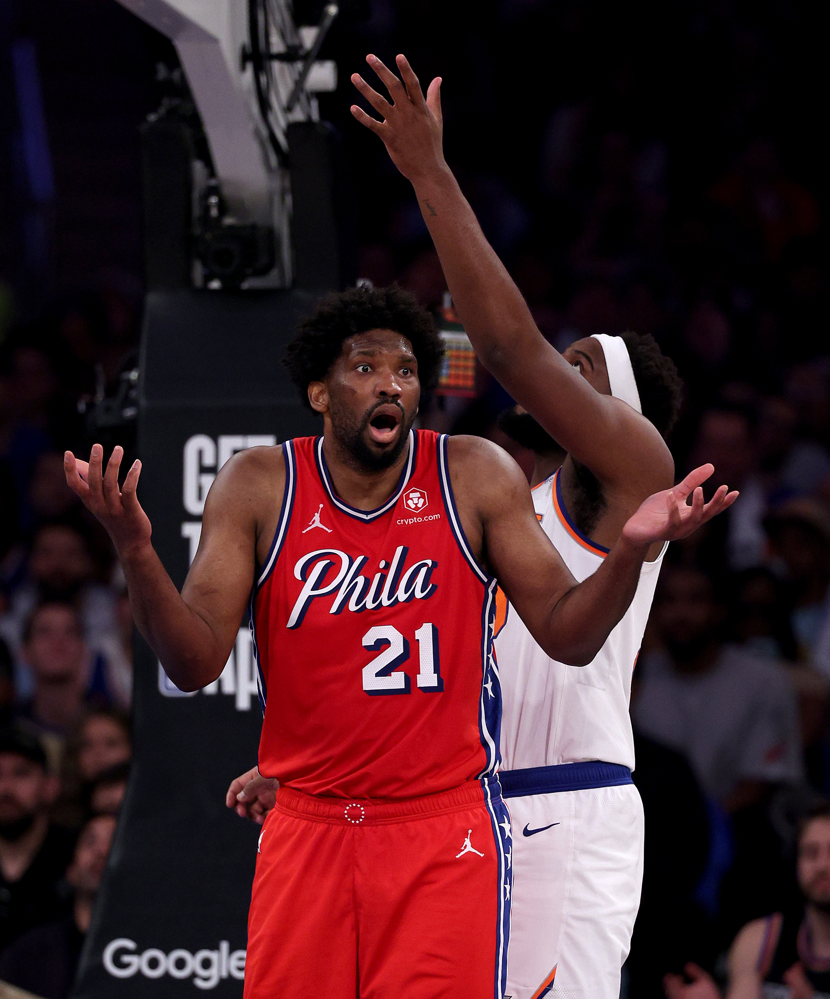 Joel Embiid of the Philadelphia 76ers reacts to a call.