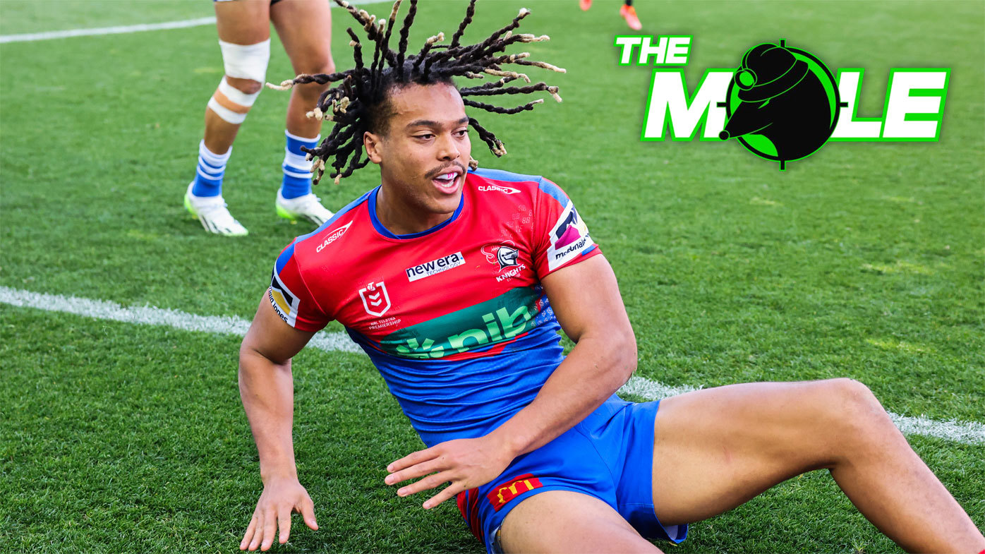 Dominic Young reacts after scoring a try for the Knights, which was subsequently disallowed, against the Bulldogs in 2023.