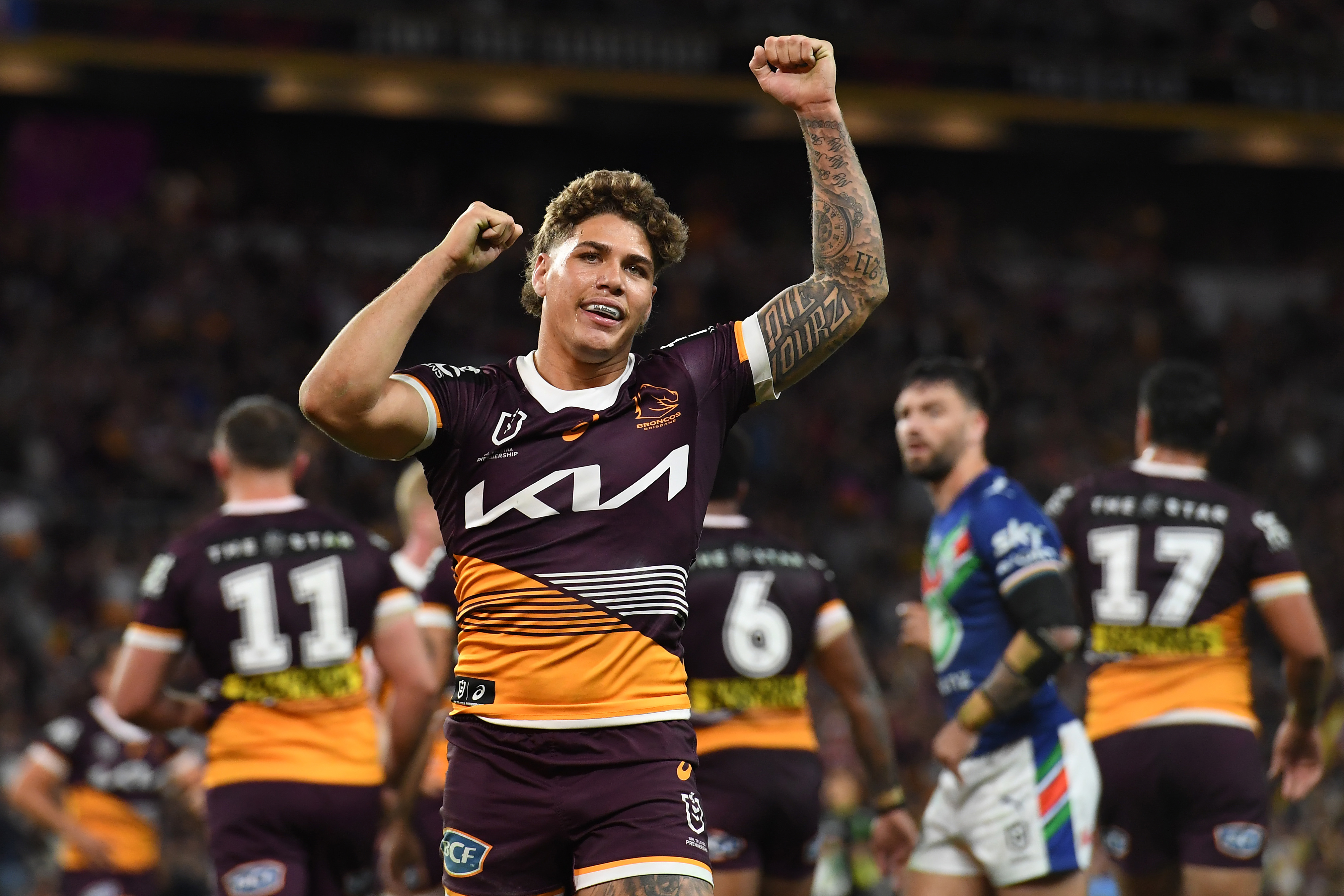 Reece Walsh of the Broncos celebrates after a Broncos try during the NRL Preliminary Final match between Brisbane Broncos and New Zealand Warriors at Suncorp Stadium on September 23, 2023 in Brisbane, Australia. (Photo by Albert Perez/Getty Images)