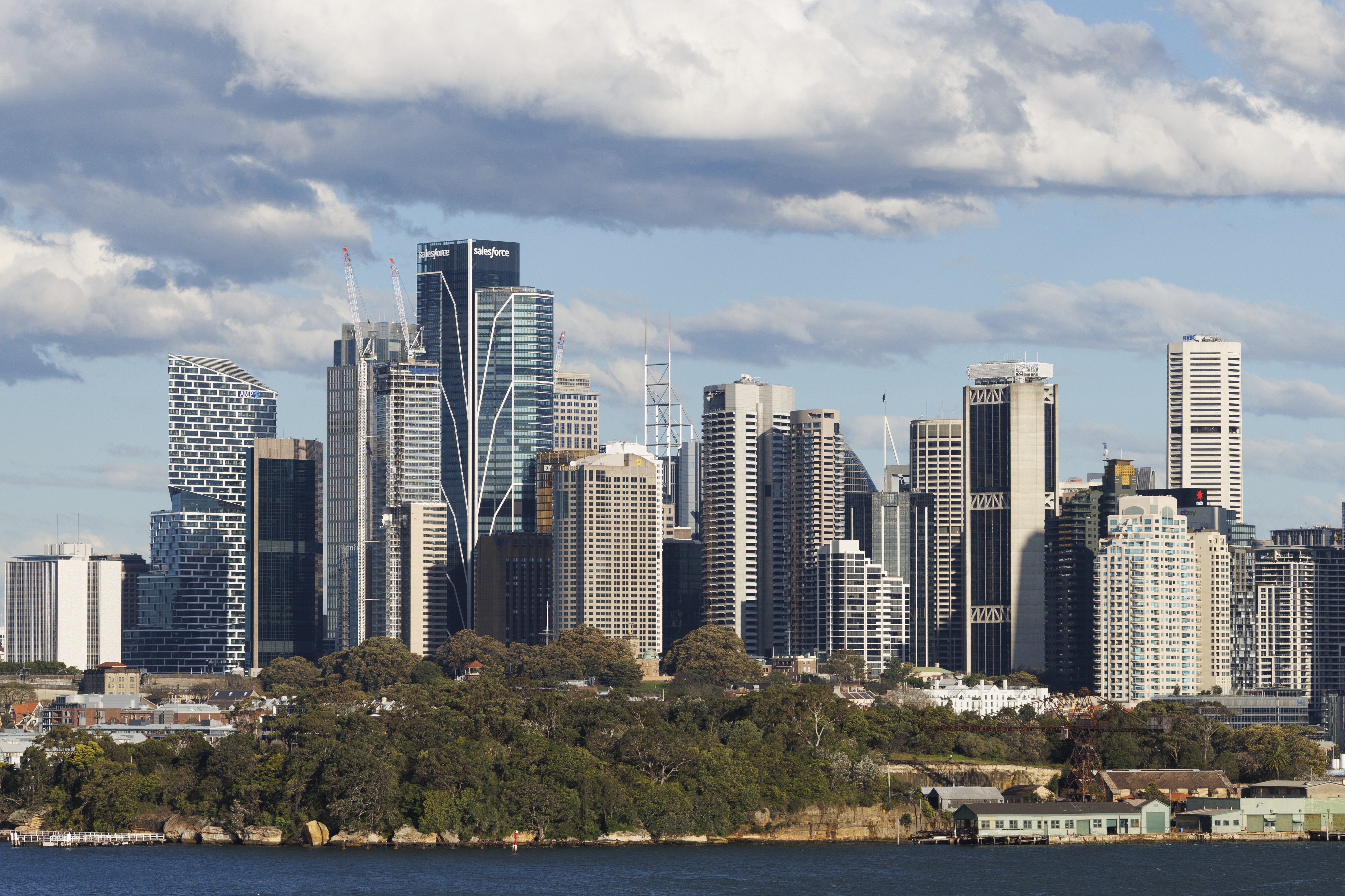View of the Western side of Sydney skyline from Manns Point Park in Greenwich, featuring the Salesforce building.