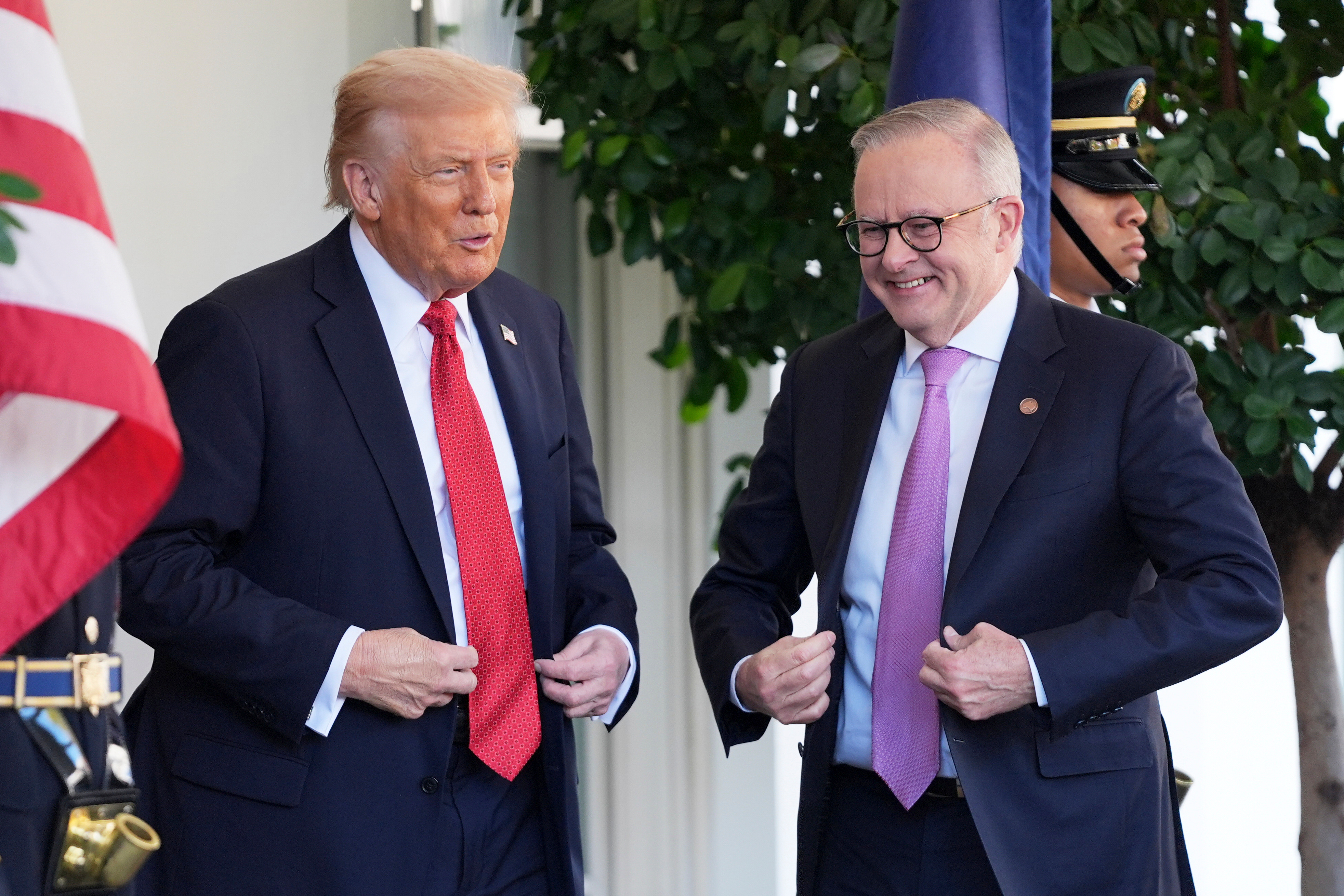 President Donald Trump, left, greets Australian Prime Minister Anthony Albanese at the White House, Monday, October 20, 2025, in Washington. (AP Photo/Evan Vucci)