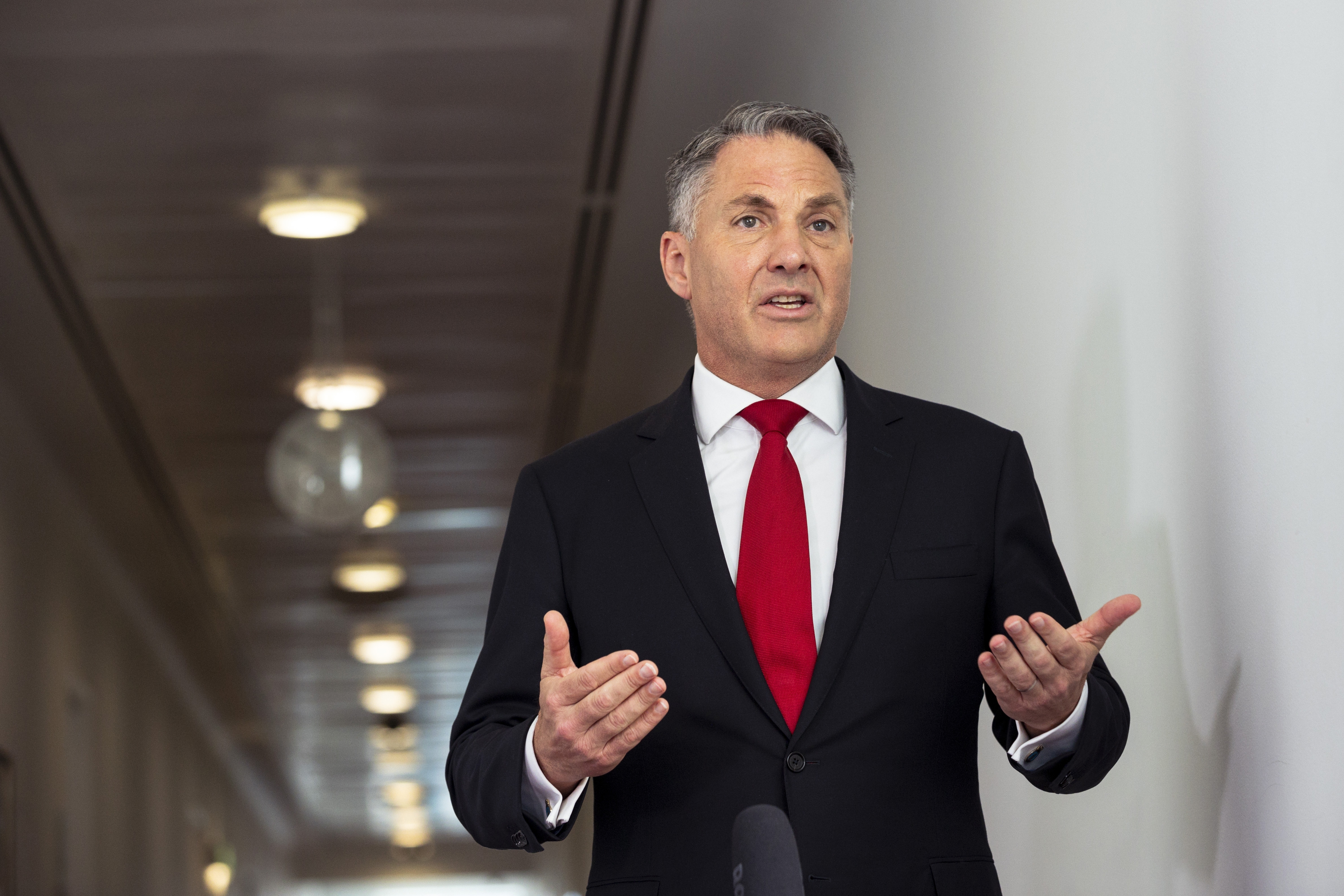 Richard Marles during a doorstop at Parliament House 