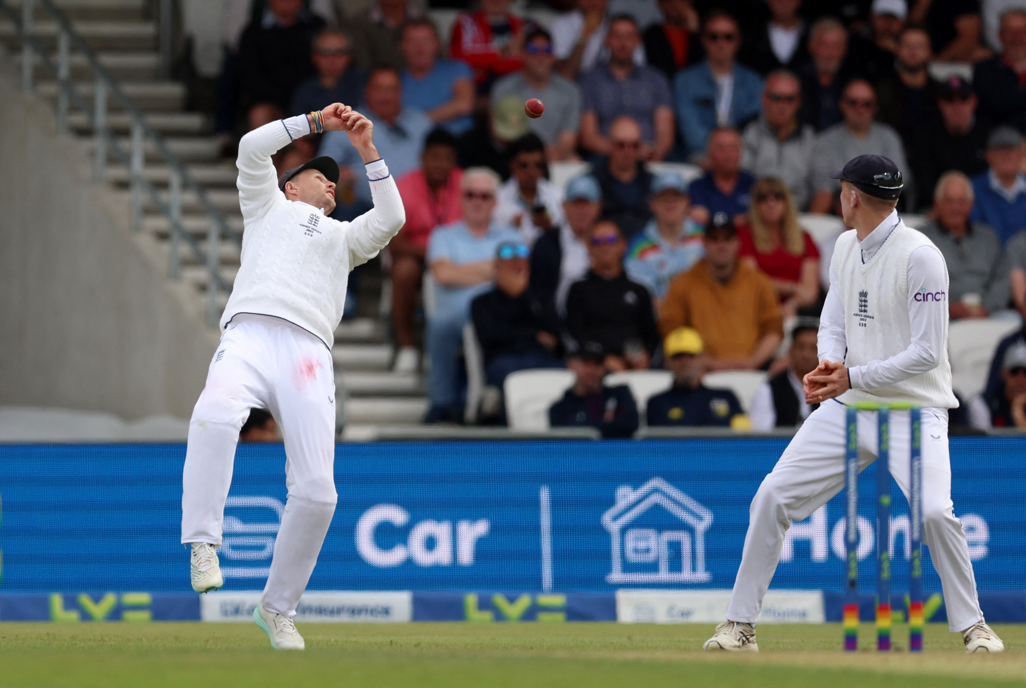 England's Joe Root drops a catch from Australia's Alex Carey off the bowling of Chris Woakes.