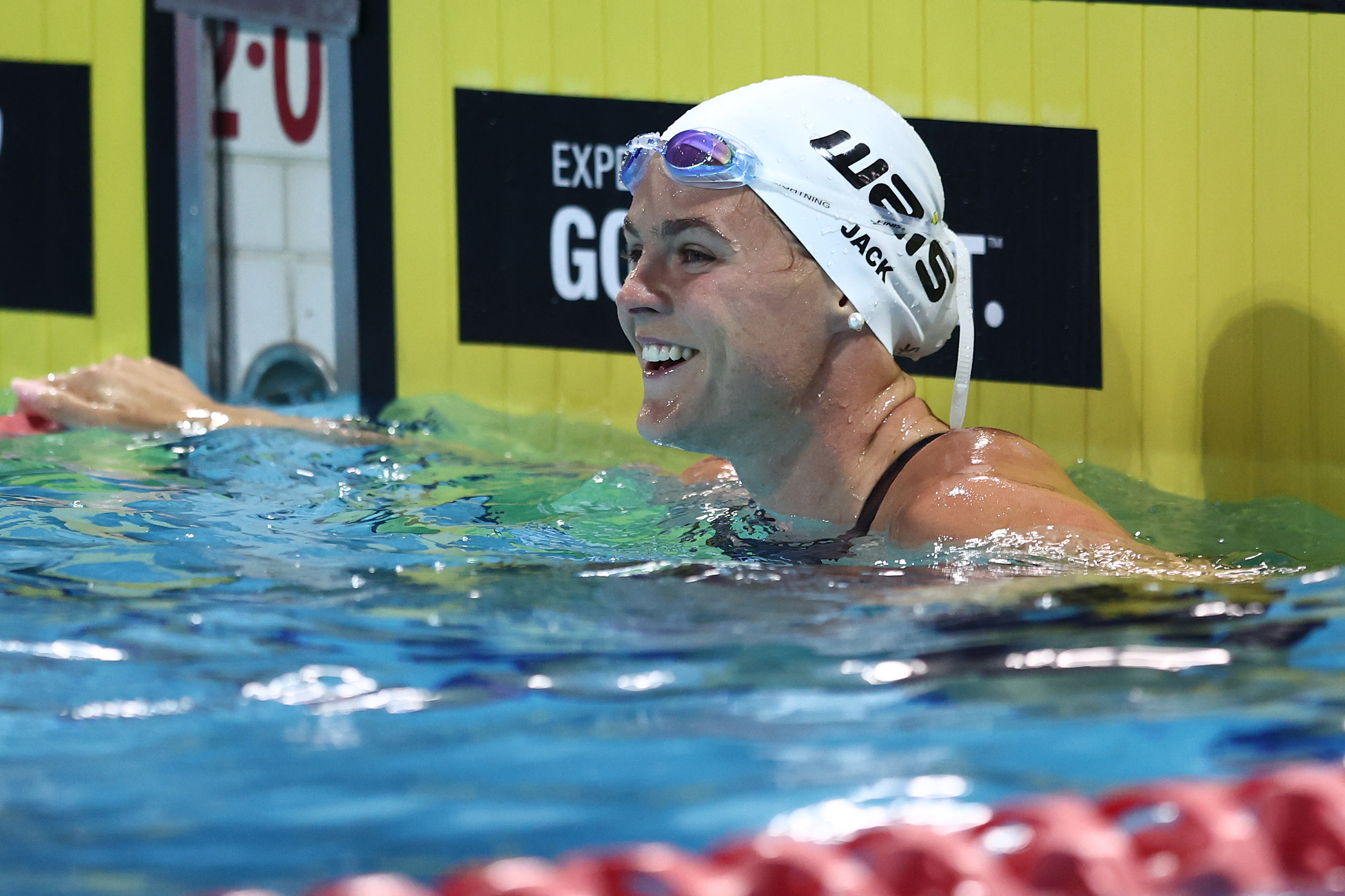 GOLD COAST, AUSTRALIA - APRIL 07: Shayna Jack celebrates winning the Womens 50m Freestyle final during the 2026 Australian Open Swimming at Gold Coast Aquatic Centre on April 07, 2026 in Gold Coast, Australia. (Photo by Chris Hyde/Getty Images)
