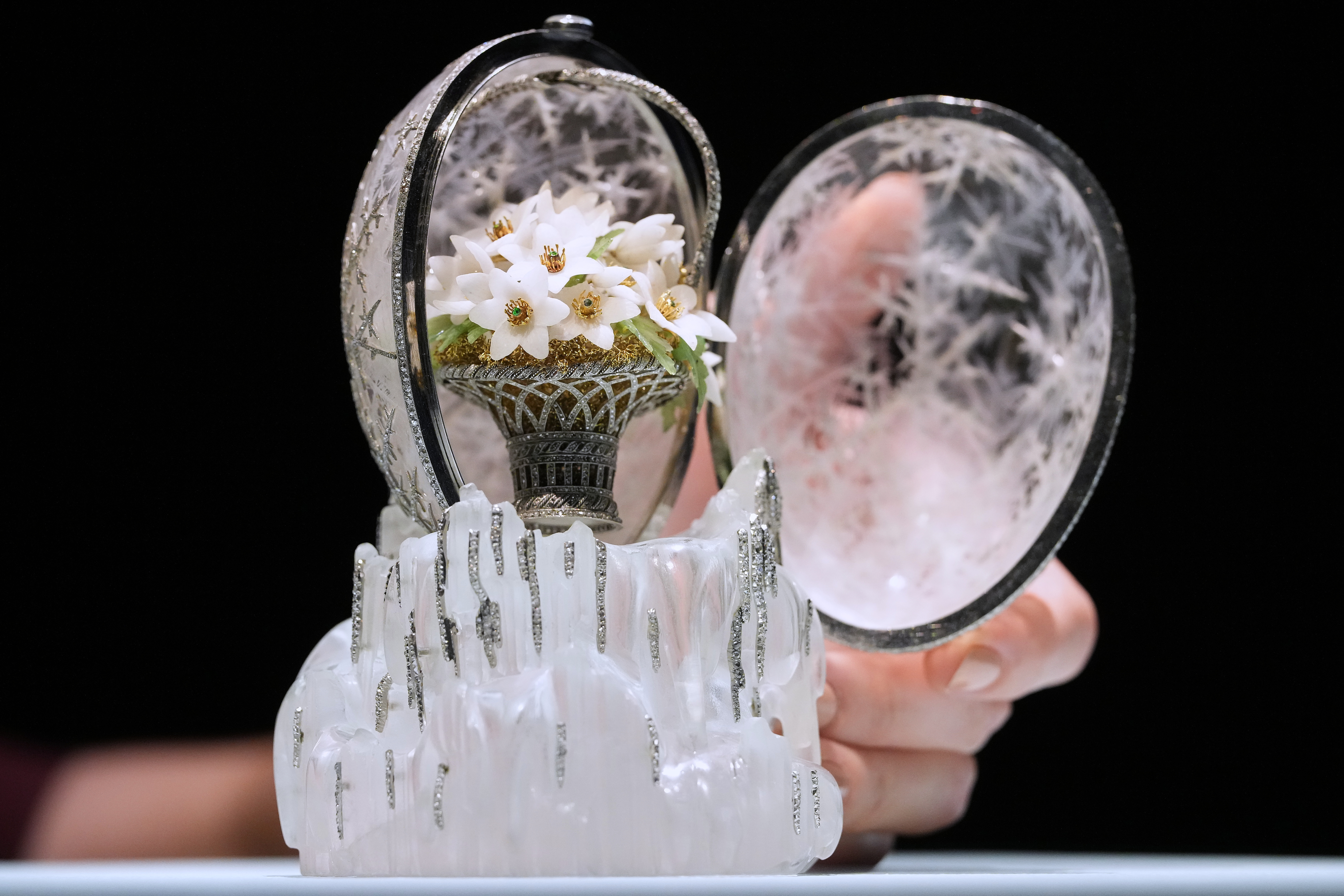 The Winter Egg by Faberge is displayed at Christie's auction rooms in London, Thursday, Nov. 27, 2025, it is expected to sell for in excess of 20 million UK Pounds when it is auctioned on Dec. 2. (AP Photo/Kirsty Wigglesworth)