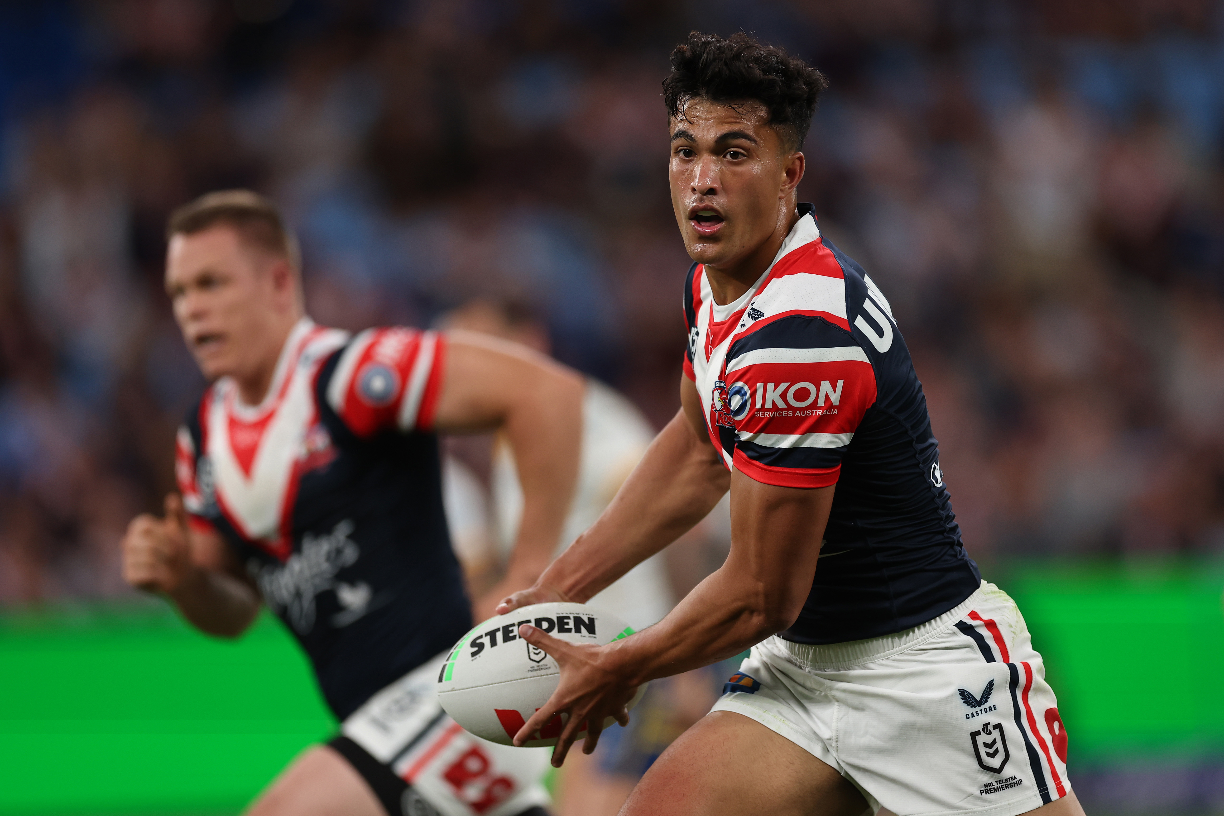 Joseph-Aukuso Suaalii of the Sydney Roosters during the round five NRL match between the Sydney Roosters and the Parramatta Eels at Allianz Stadium.
