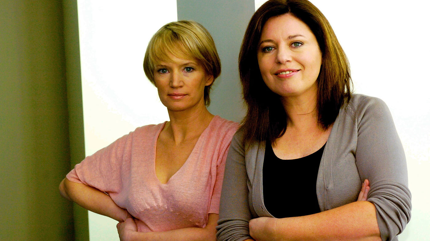 Sydney, October 4, 2004. Jane Turner (left) and Gina Riley, who play the television charactors Kath and Kim, pose for a photograph at the ABC studios. 