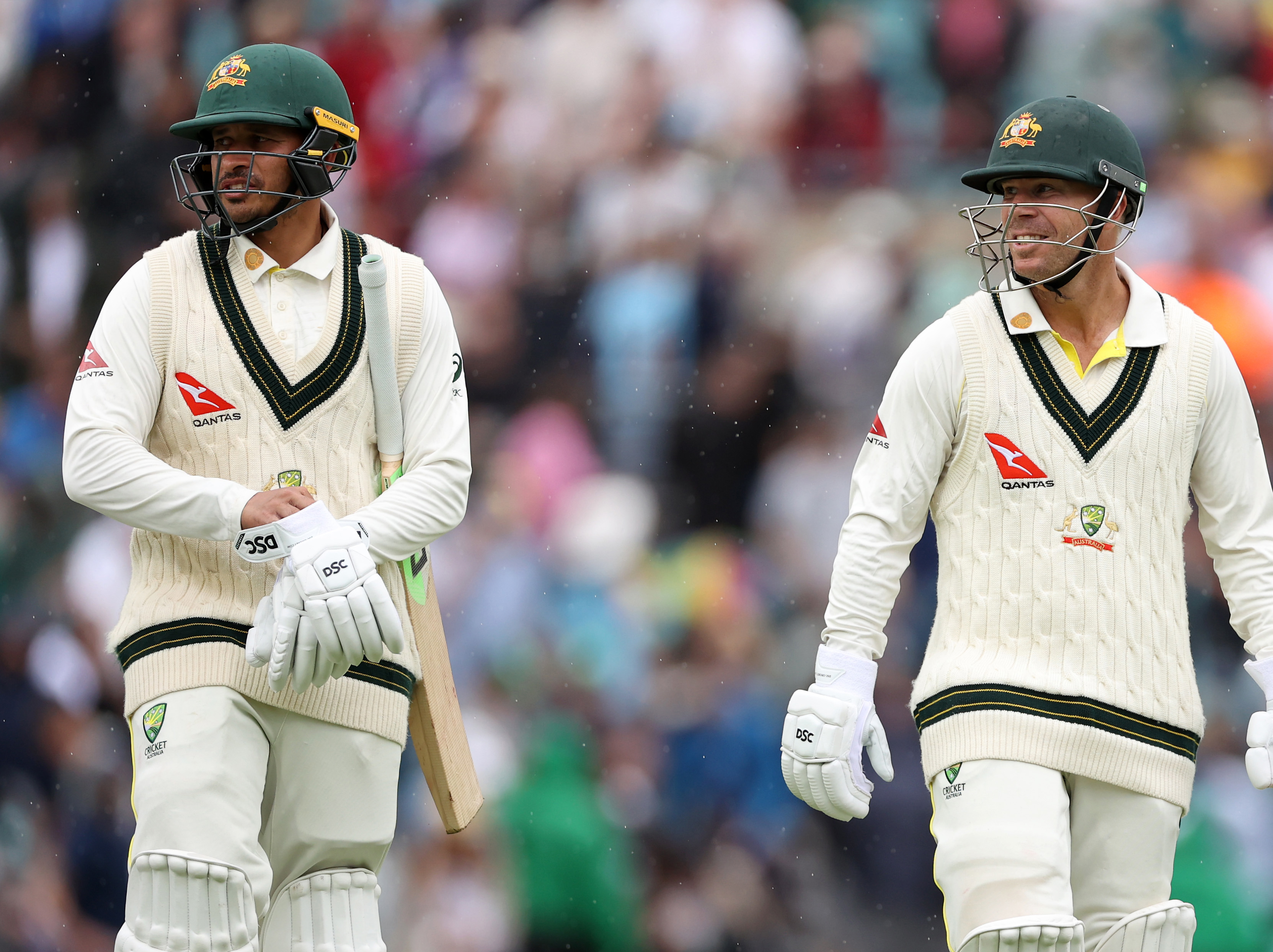 LONDON, ENGLAND - JUNE 28: David Warner (left) and Usman Khawaja of Australia walk off the pitch during Day One of the LV= Insurance Ashes 2nd Test match between England and Australia at Lord's Cricket Ground on June 28, 2023 in London, England. (Photo by Visionhaus/Getty Images)