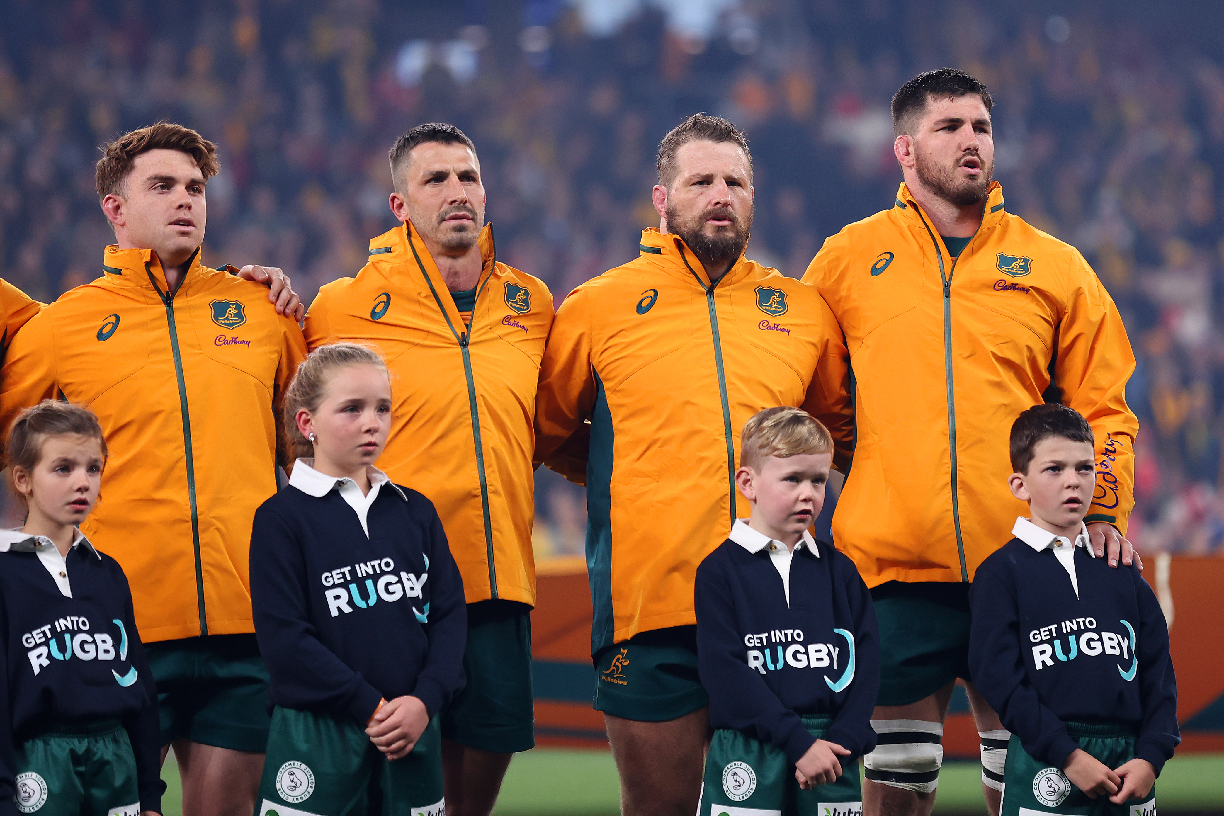 James Slipper and Liam Wright of the Wallabies sing the national anthem.