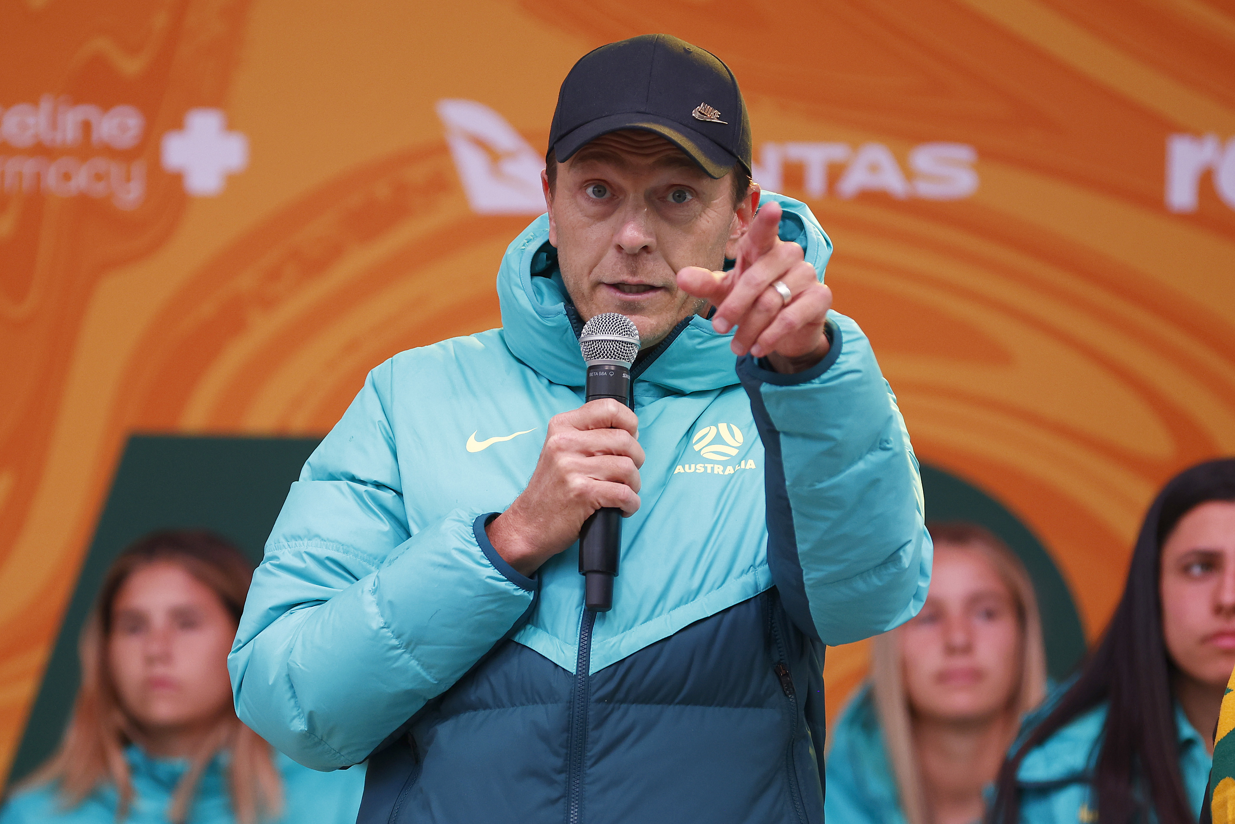 MELBOURNE, AUSTRALIA - JULY 11: Matildas head coach Tony Gustavsson speaks  during the Australia Matildas World Cup squad public presentation at Federation Square on July 11, 2023 in Melbourne, Australia. (Photo by Daniel Pockett/Getty Images)