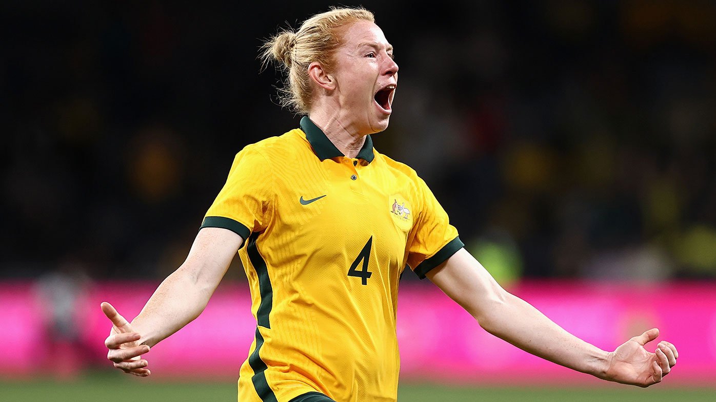  Clare Polkinghorne of the Matildas celebrates kicking a goal during the Women's International Friendly match between the Australia Matildas and Brazil 