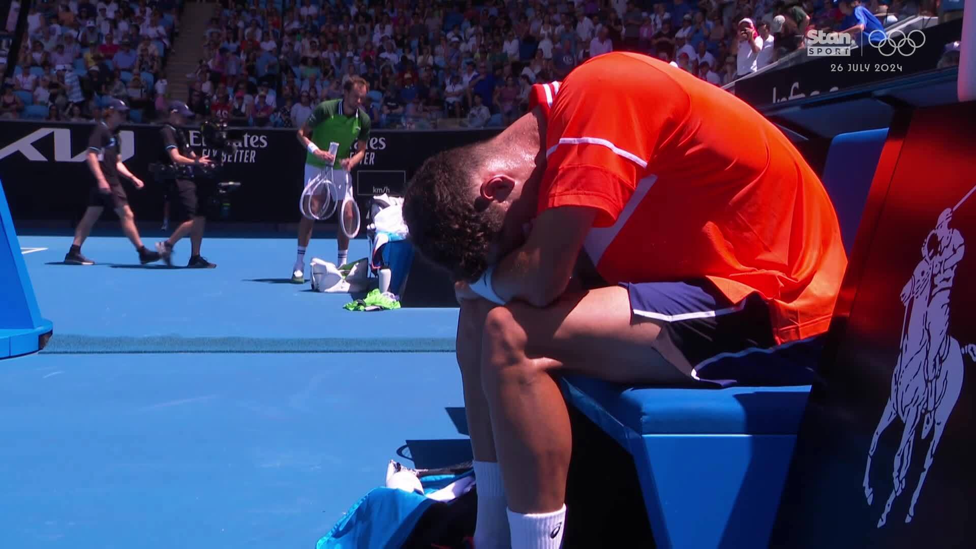 Terence Atmane was visibly upset after retiring from his first-round match against Daniil Medvedev with cramping.