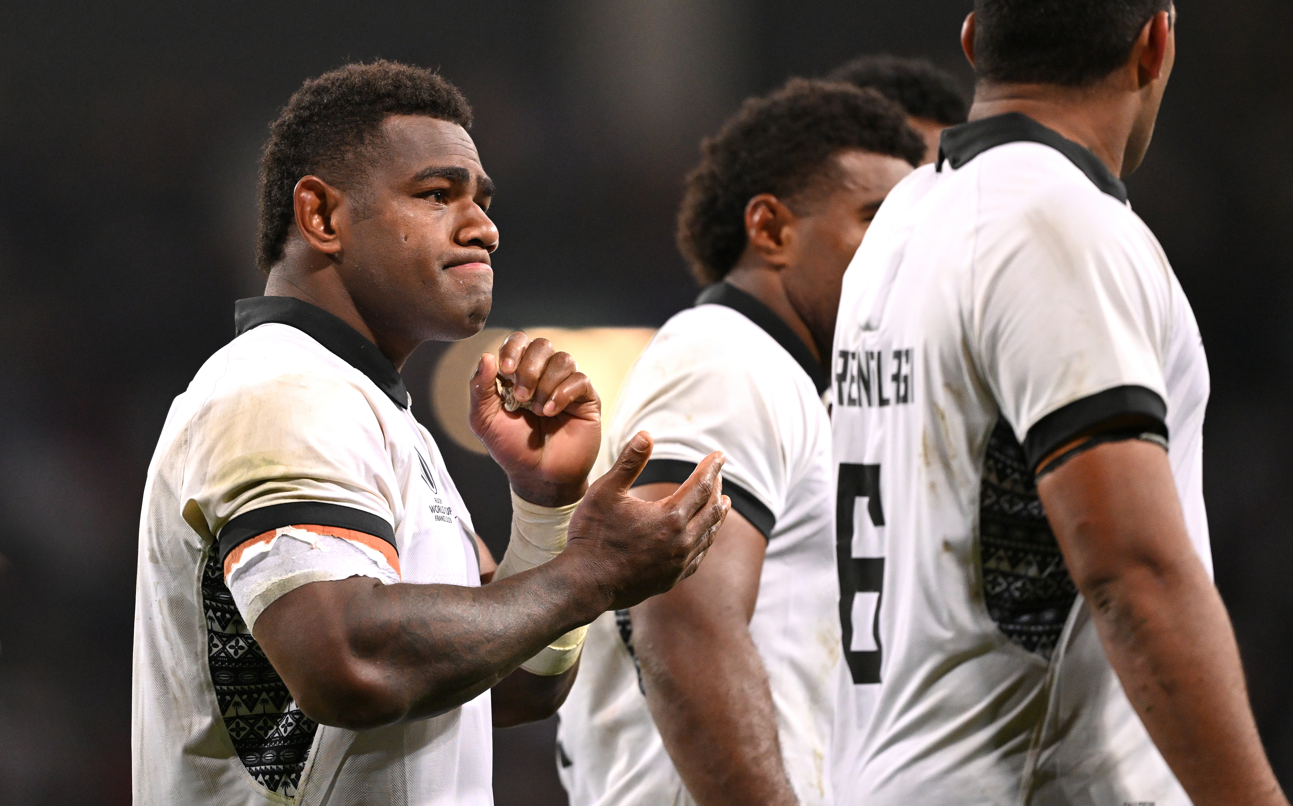Fiji player Josua Tuisova reacts after the Rugby World Cup loss to Portugal.