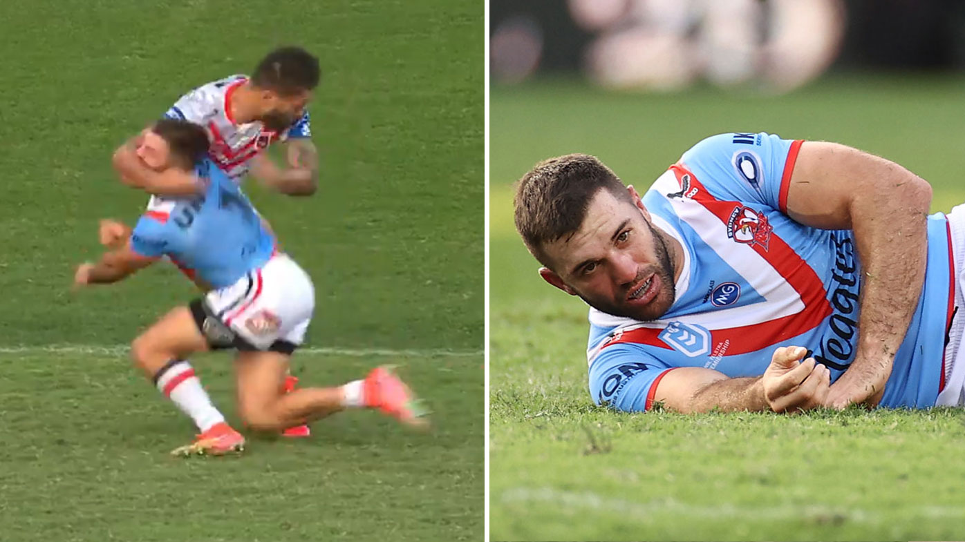Jordan Perriera takes out James Tedesco. (Nine/Getty)