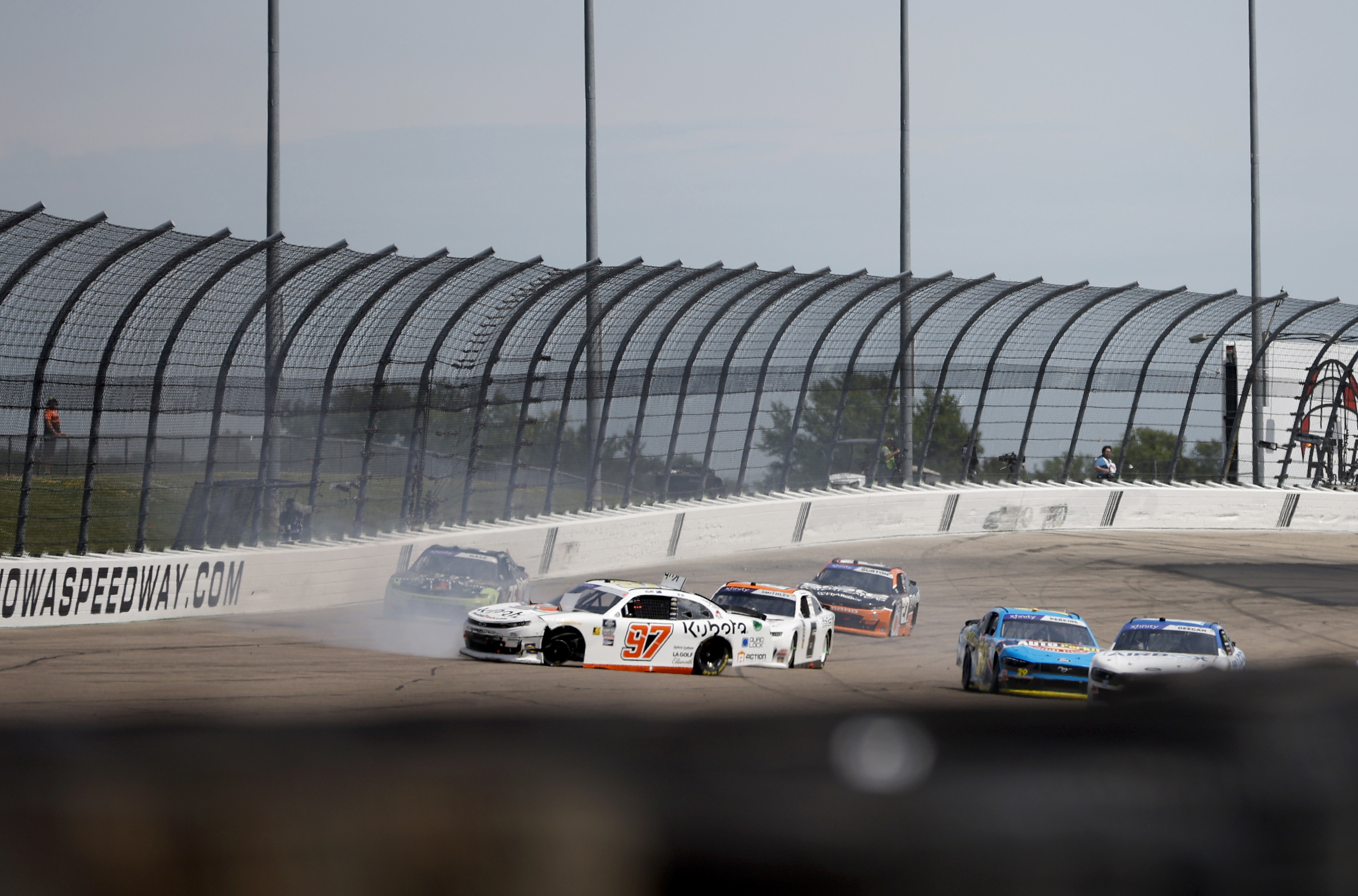 Shane van Gisbergen spins after an on-track incident during at Iowa Speedway.