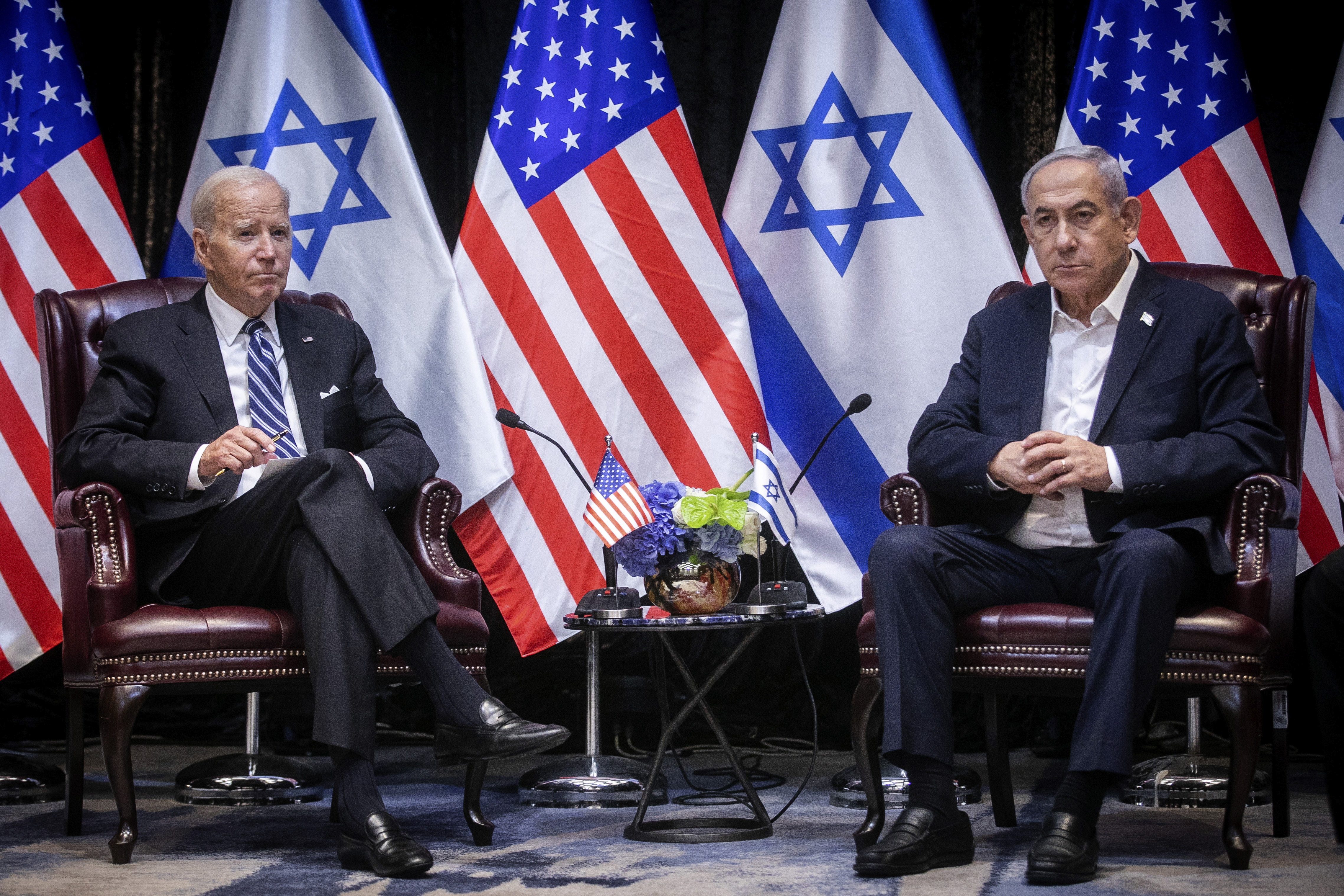 US President Joe Biden pauses during a meeting with Israeli Prime Minister Benjamin Netanyahu in Tel Aviv, Israel on Wednesday, October 18 in 2023.