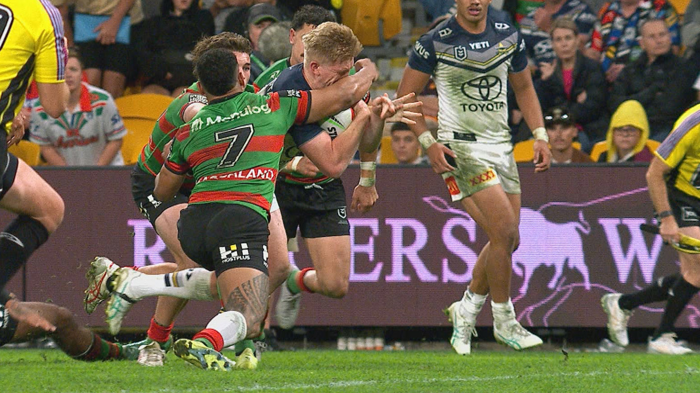 Dion Teaupa﻿ was sent for 10 minutes in the sinbin and the Cowboys awarded a possible eight-point try after this high hit on Tom Dearden.