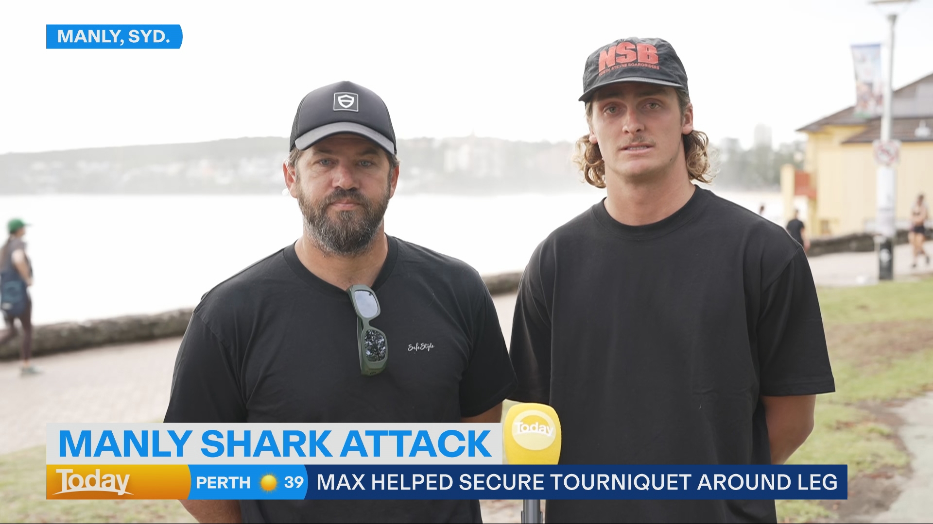 Max White, right, only avoided entering the water after a warning from his mates.