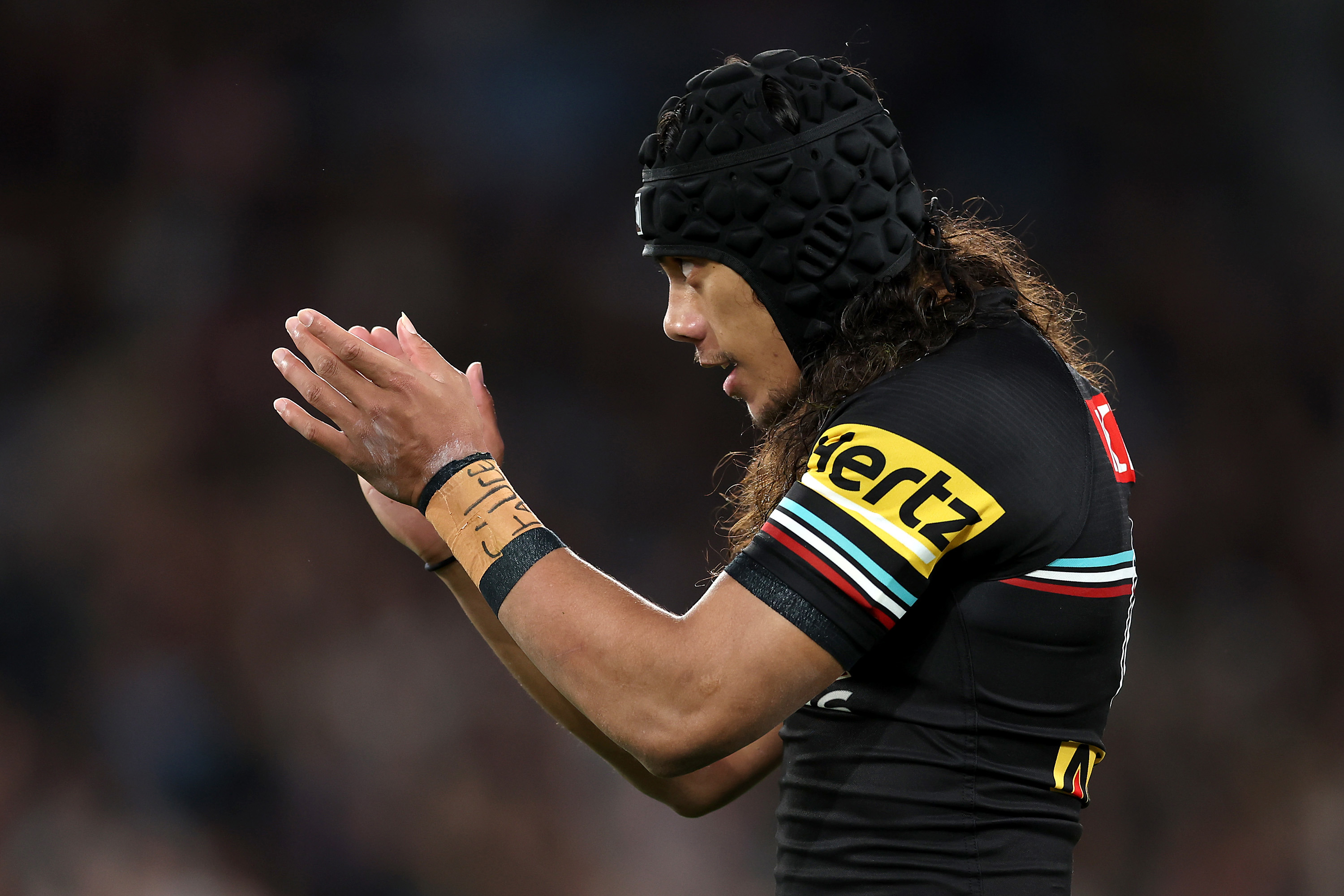 SYDNEY, AUSTRALIA - SEPTEMBER 22:  Jarome Luai of the Panthers reacts during the NRL Preliminary Final match between the Penrith Panthers and Melbourne Storm at Accor Stadium on September 22, 2023 in Sydney, Australia. (Photo by Matt King/Getty Images)
