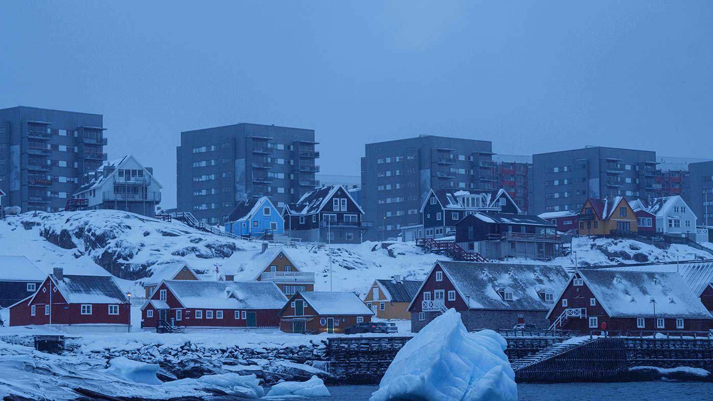 Ice floats on the sea off the coast of Nuuk, Greenland.