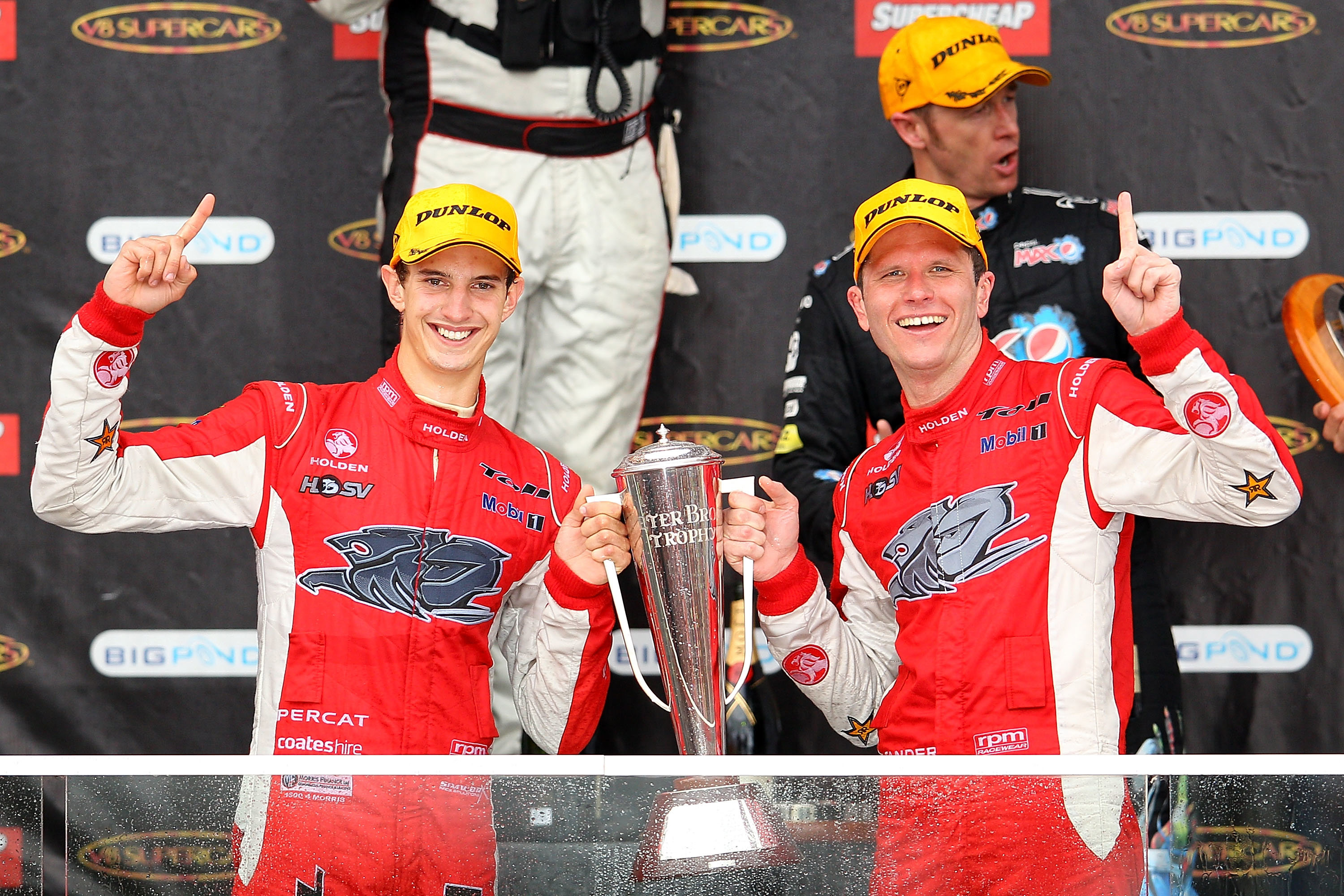 Nick Percat (left) and Garth Tander celebrate their 2011 Bathurst 1000 triumph.