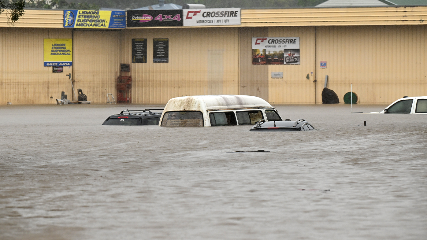 Floodwater inundate cars on March 30, 2022 in Lismore, Australia. Evacuation orders have been issued for towns across the NSW Northern Rivers region, with flash flooding expected amid heavy rainfall.
