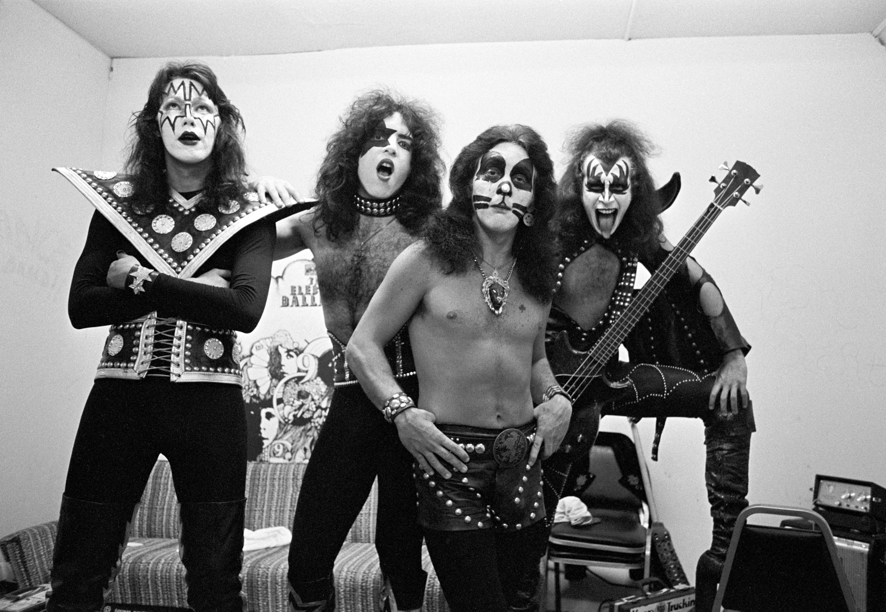 ATLANTA - JULY 18: (L-R) Guitarist Ace Frehley, singer-guitarist Paul Stanley, drummer Peter Criss and bassist Gene Simmons of Kiss pose in the dressing room before performing at Alex Cooley's Electric Ballroom on July 18, 1974 in Atlanta, Georgia. (Photo by Tom Hill/WireImage)
