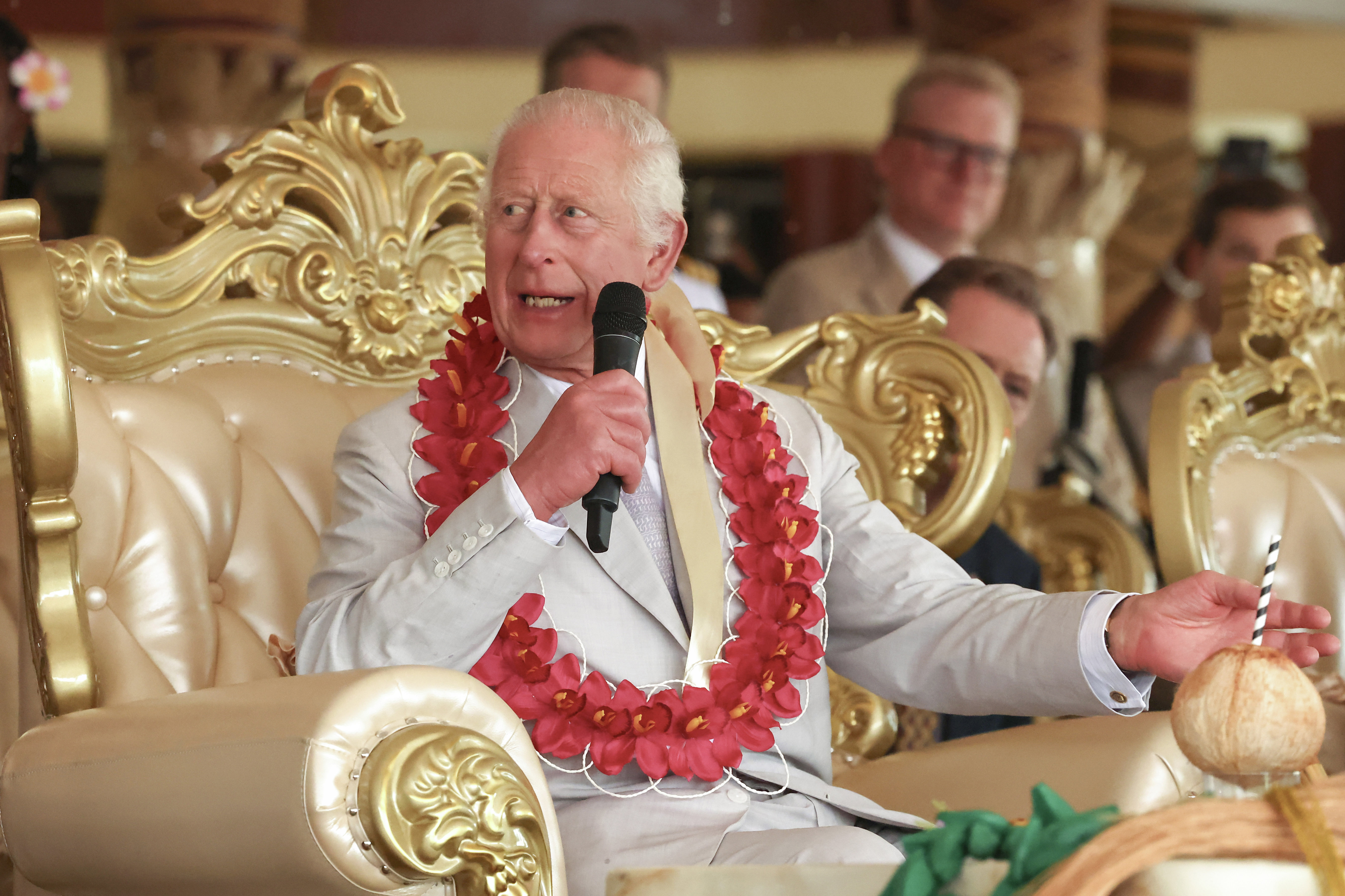 Britain's King Charles III speaks during the bestowing and farewell ceremony on the final day of the royal visit to Samoa at the Siumu Village in Apia, Samoa, Saturday, Oct. 26, 2024. (Manaui Faulalo/Pool Photo via AP)