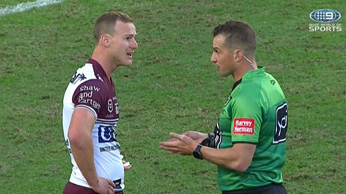 NRL Manly captain Daly CherryEvans exchange with referee Grant Atkins, Sea Eagles defeat Titans