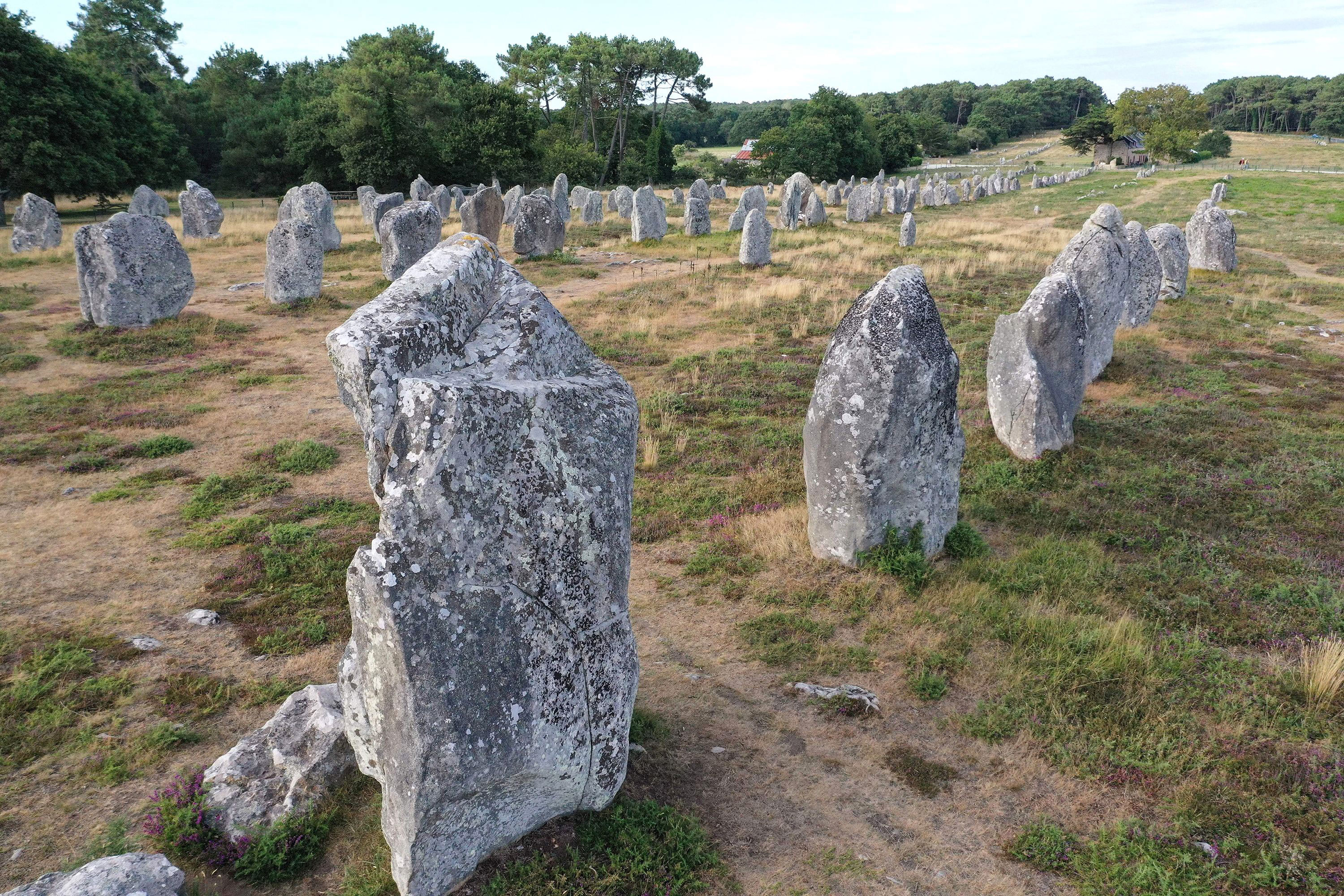 This aerial picture taken on August 4, 2019 shows the Carnac standing stones