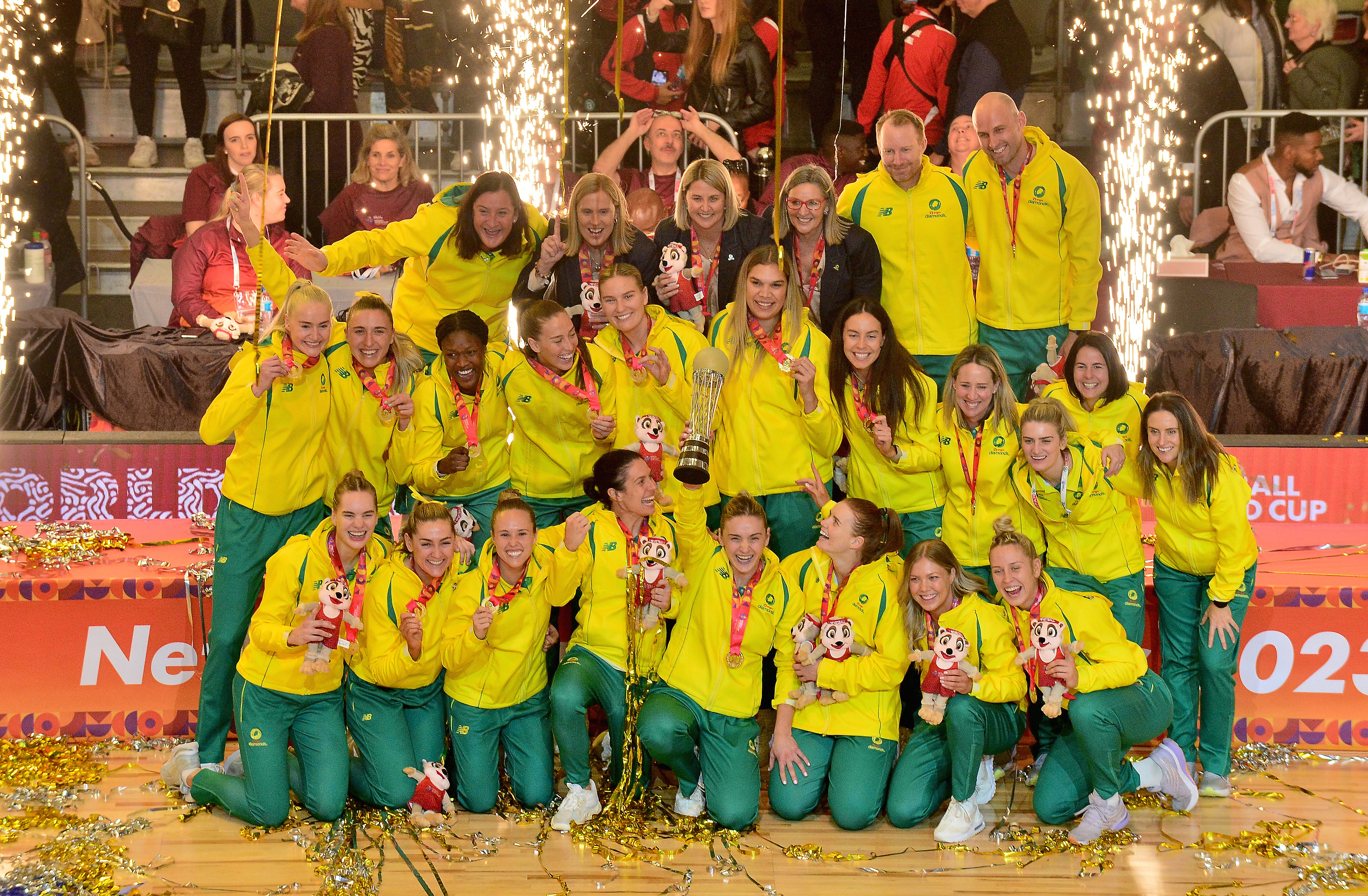 Australia celebrates winning during the Netball World Cup Medal Presentation at Cape Town International Convention Centre, Court 1 on August 06, 2023 in Cape Town, South Africa. (Photo by Grant Pitcher/Gallo Images/Netball World Cup 2023)