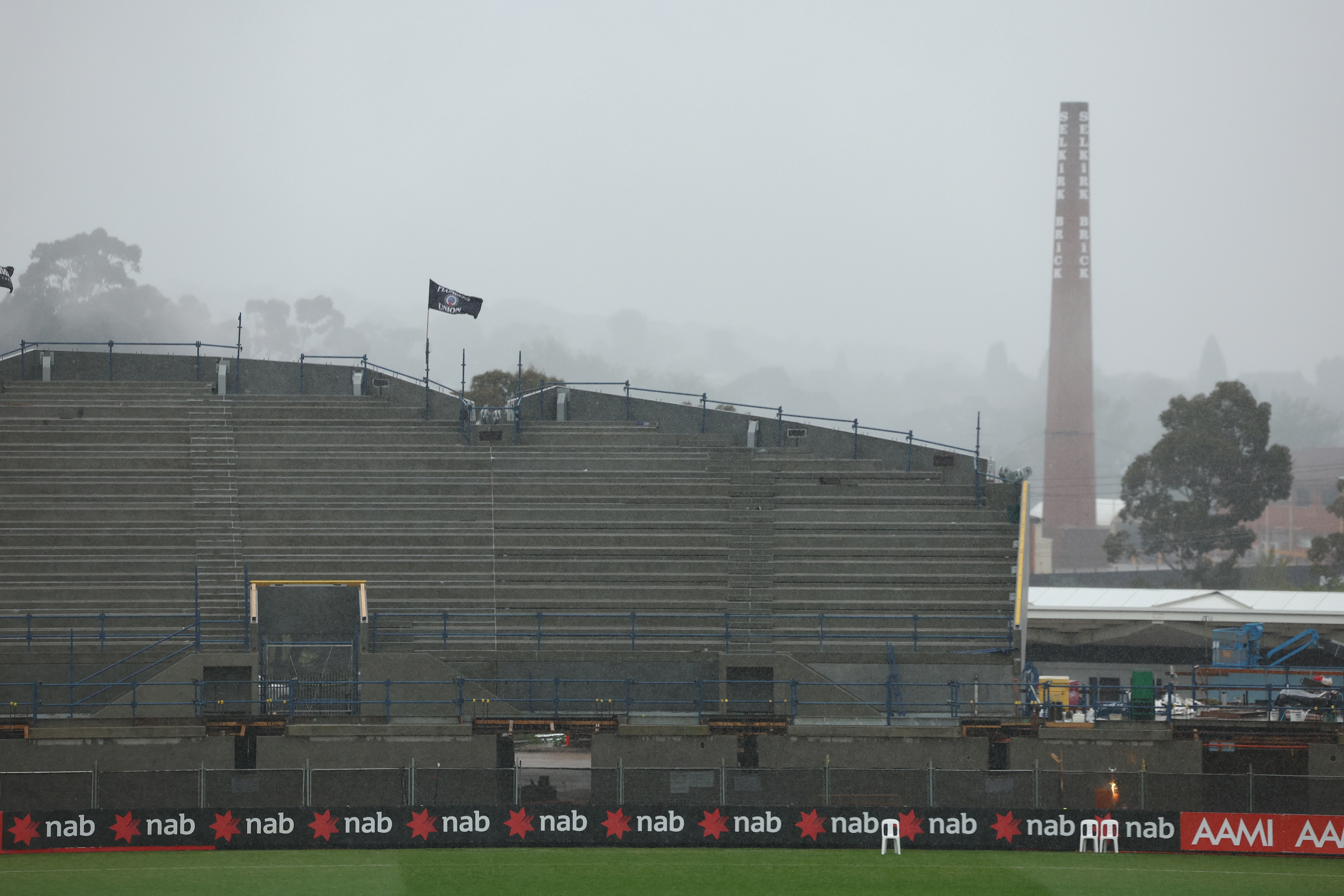 BALLARAT, AUSTRALIA - OCTOBER 26: Mars Stadium during the rain before the 2025 AFLW Round 11 match between the Western Bulldogs and the Geelong Cats at Mars Stadium on October 26, 2025 in Ballarat, Australia. (Photo by James Wiltshire/AFL Photos via Getty Images)