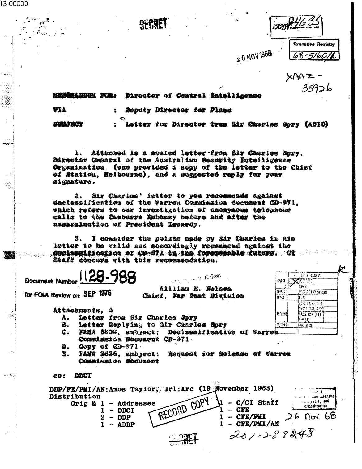 Australia's former ﻿spy boss had asked his counterpart in the United States to keep an investigation hidden into anonymous phone calls secret, according to a released and unredacted file related to the 1963 assassination of President John F. Kennedy.