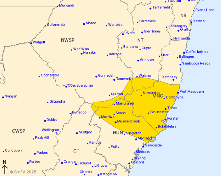 Severe Weather Warningfor DAMAGING WINDS and HEAVY RAINFALL For people in parts of Mid North Coast, Hunter, North West Slopes and Plains, Northern Tablelands and Central Tablelands Forecast Districts.