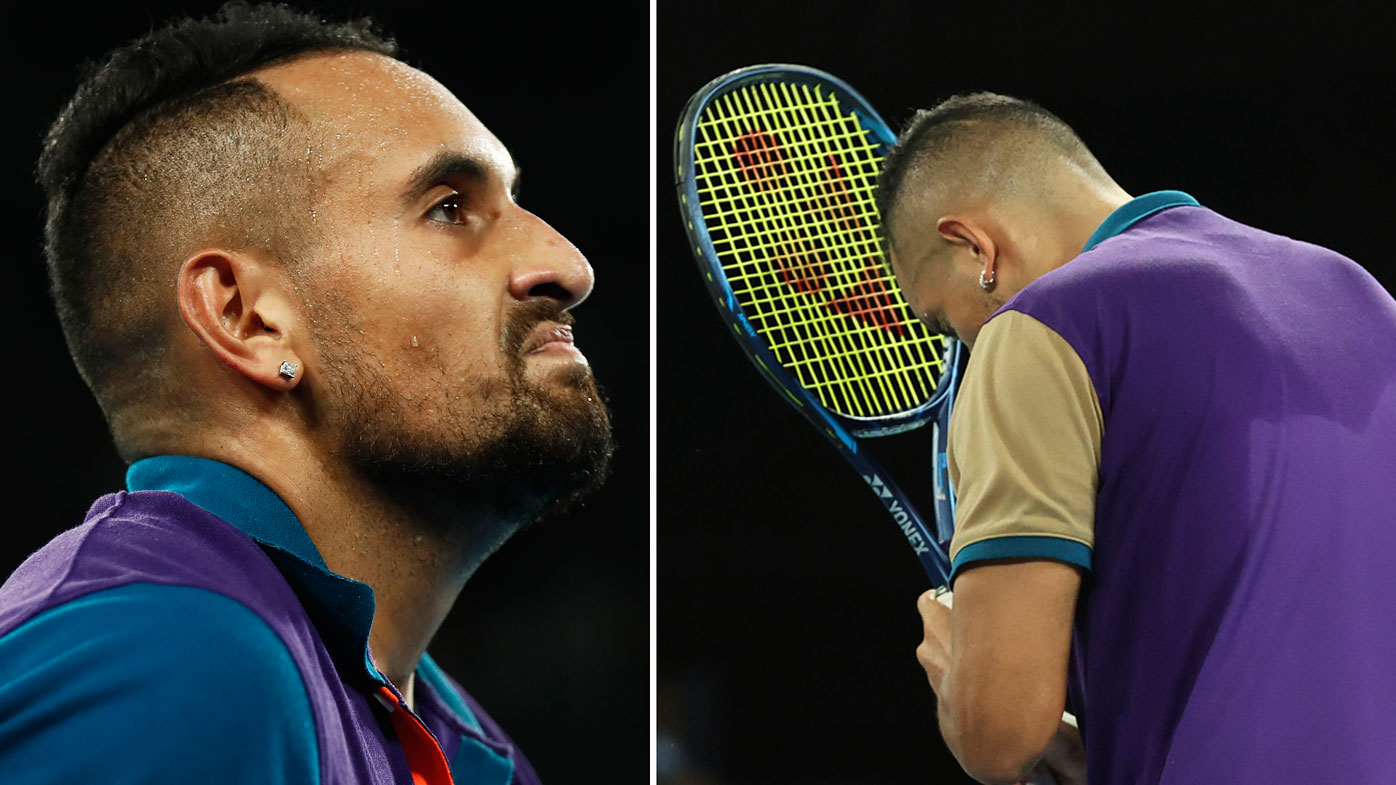Nick Kyrgios of Australia reacts in his Men's Singles third round match against Dominic Thiem of Austria during day five of the 2021 Australian Open at Melbourne Park on February 12, 2021 in Melbourne, Australia.