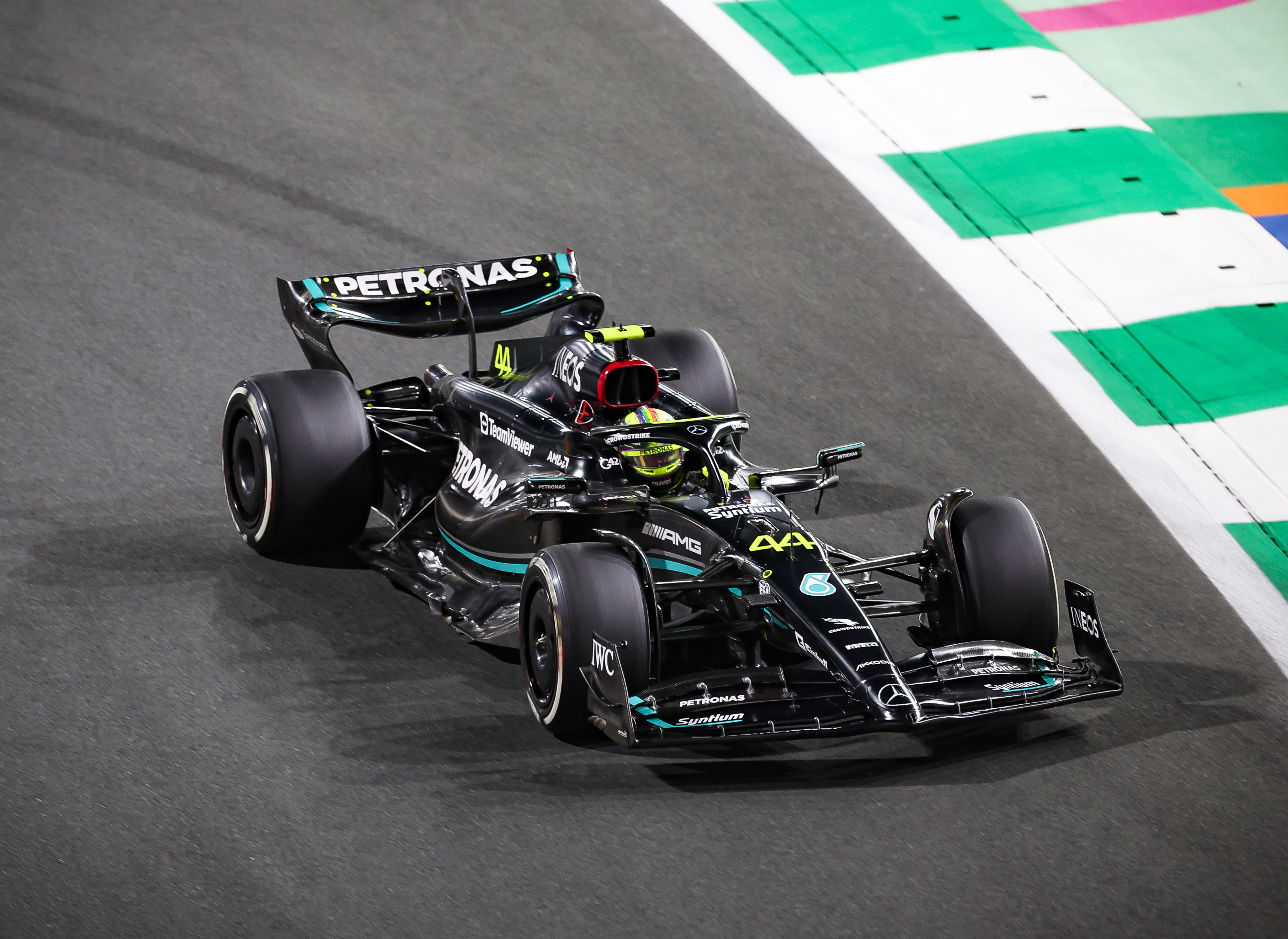 Lewis Hamilton of Great Britain driving the (44) Mercedes AMG Petronas F1 Team W14 on track during the F1 Grand Prix of Saudi Arabia at Jeddah Corniche Circuit on March 19, 2023 in Jeddah, Saudi Arabia. (Photo by Ayman Yaqoob/Anadolu Agency via Getty Images)