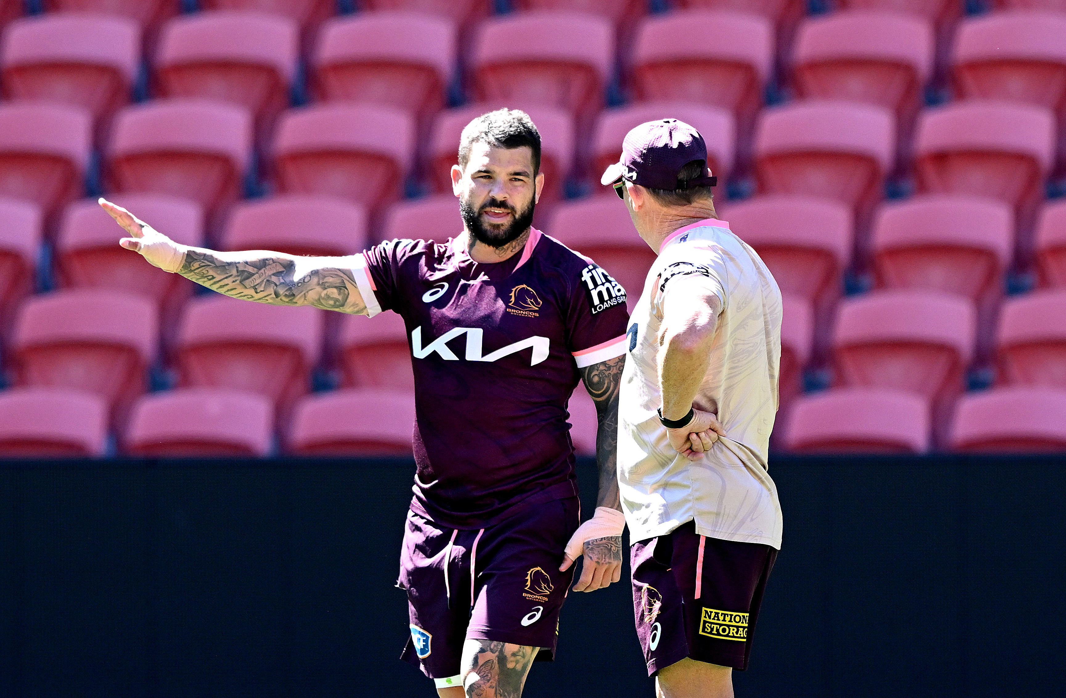 Coach Kevin Walters talks tactics with Adam Reynolds during a Brisbane Broncos NRL training session at Suncorp Stadium on September 26, 2023 in Brisbane, Australia. (Photo by Bradley Kanaris/Getty Images)