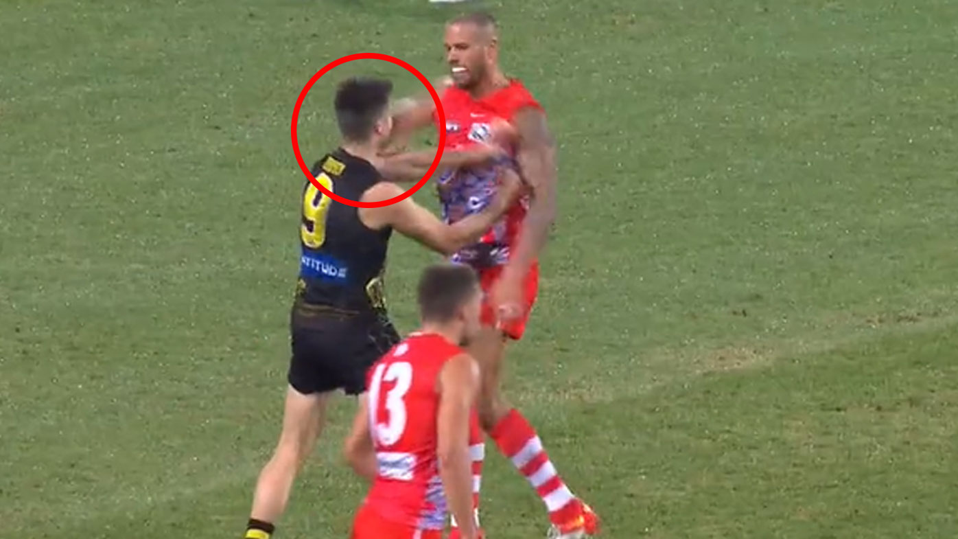 Lance Franklin strike on Trent Cotchin