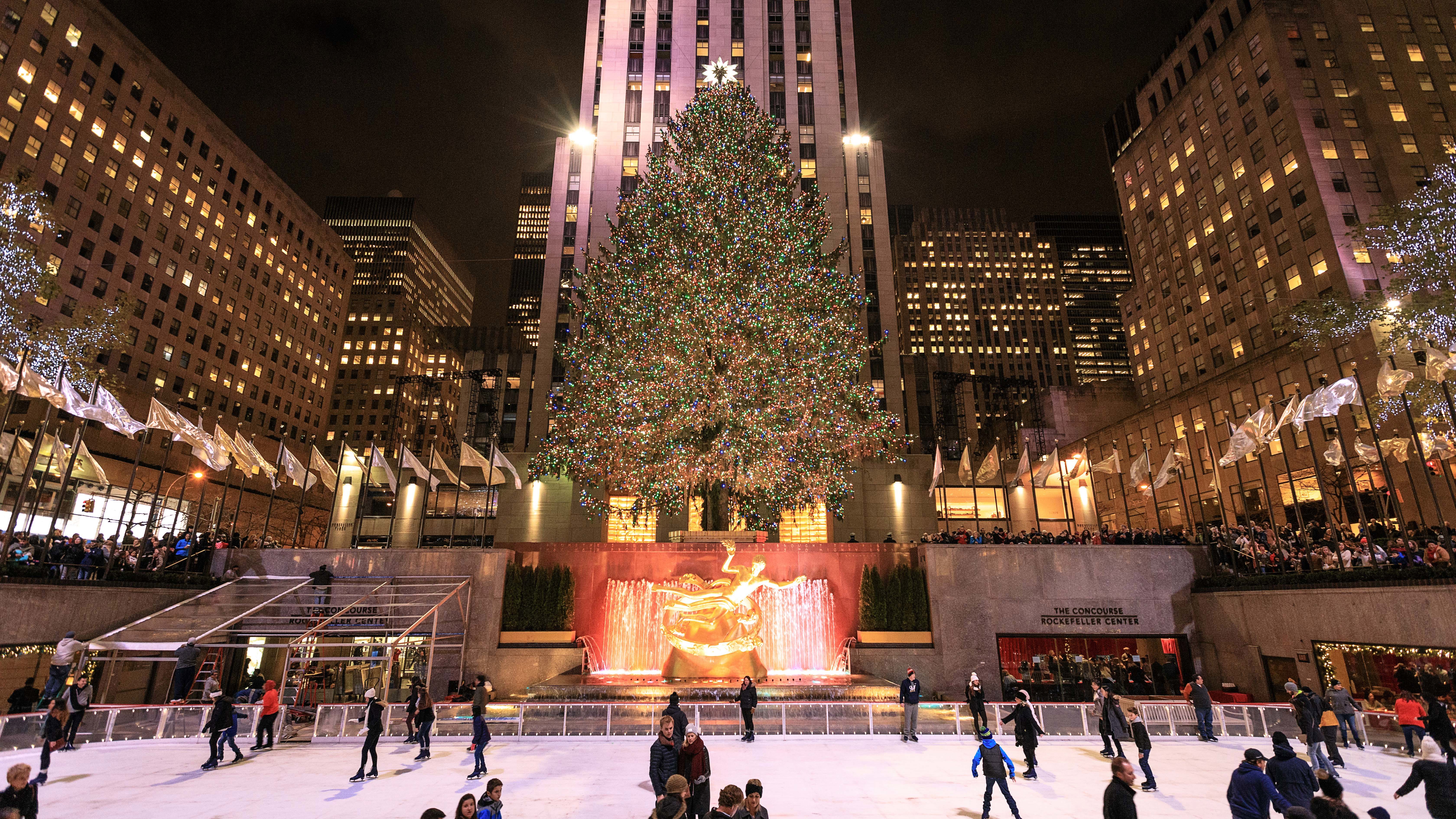 The Rockefeller Center skating rink and Christmas tree.