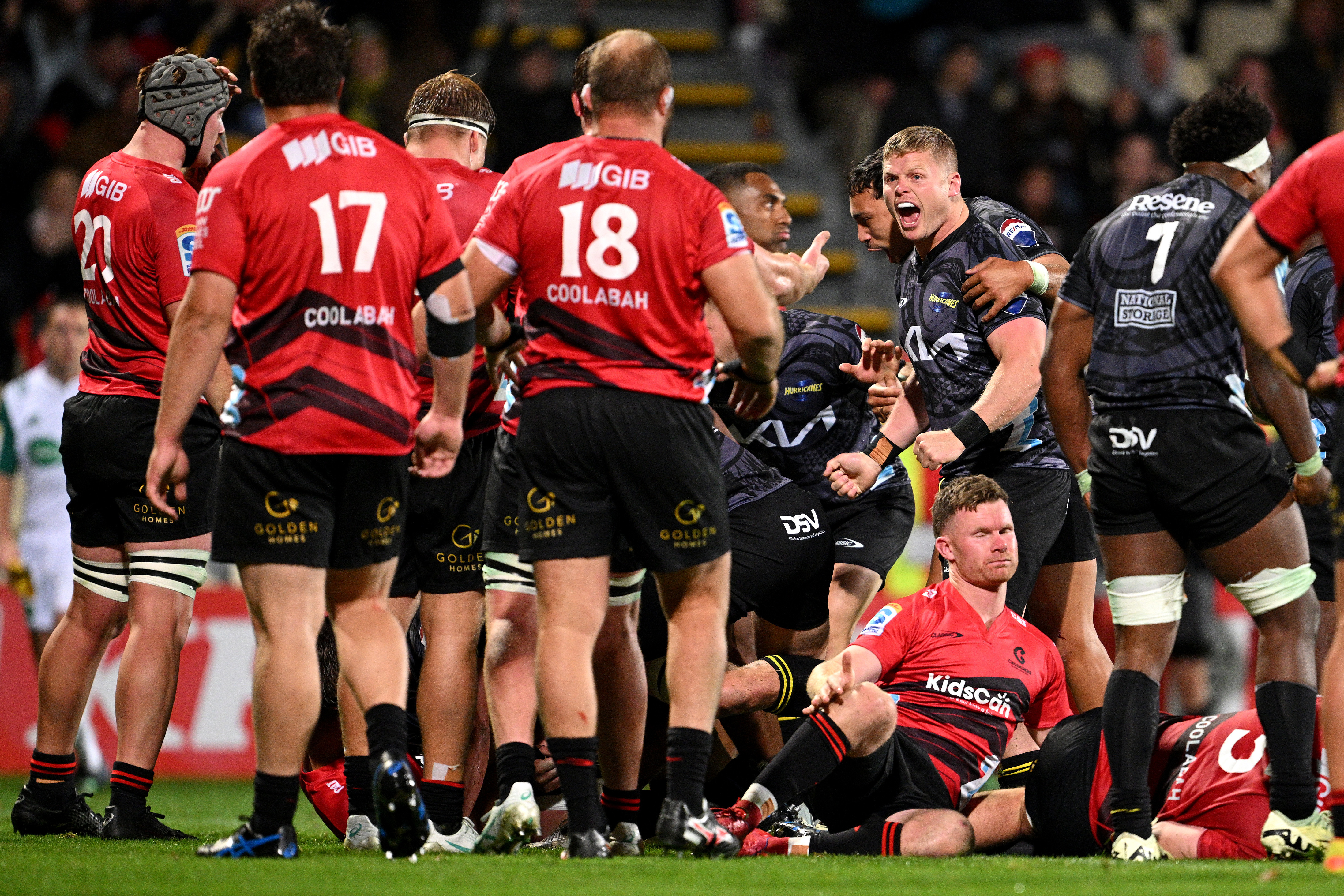 Justin Sangster of the Hurricanes celebrates after scoring the winning try during the round four Super Rugby Pacific match between Crusaders and Hurricanes.