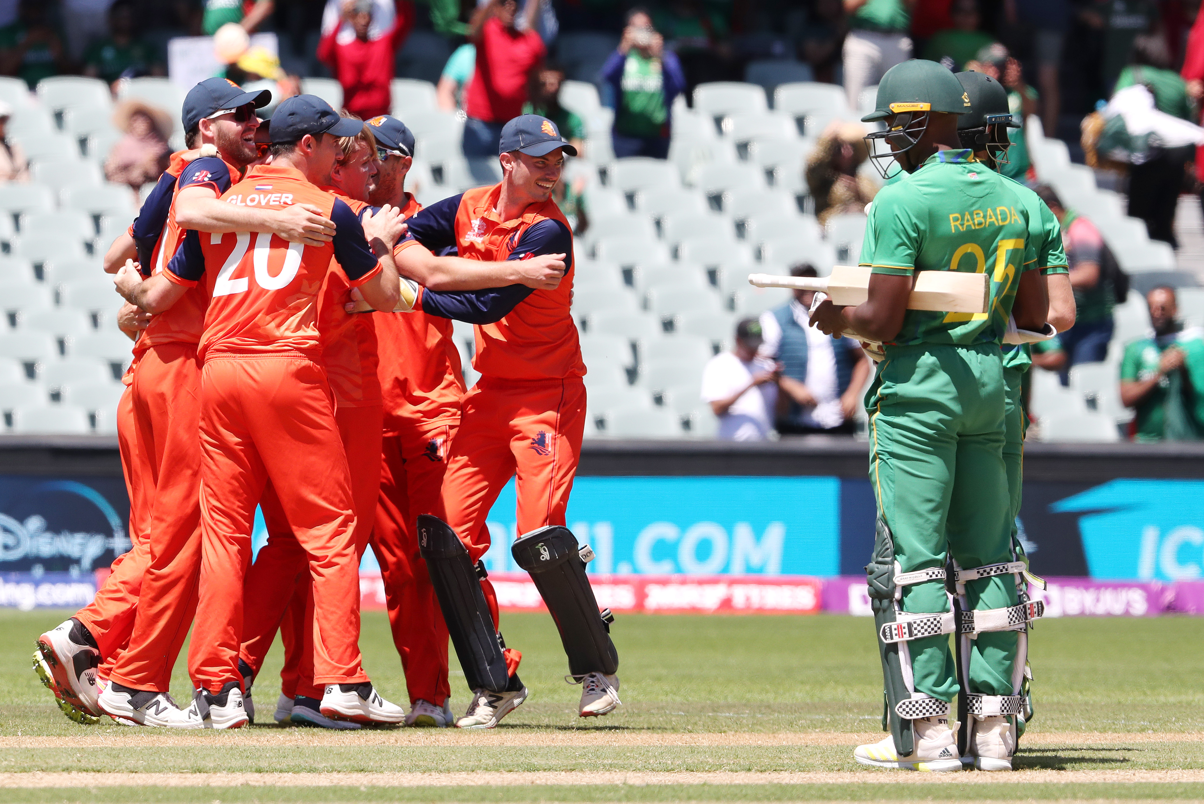 Netherlands players celebrate the win during the ICC Men's T20 World Cup match against South Africa at the Adelaide Oval.