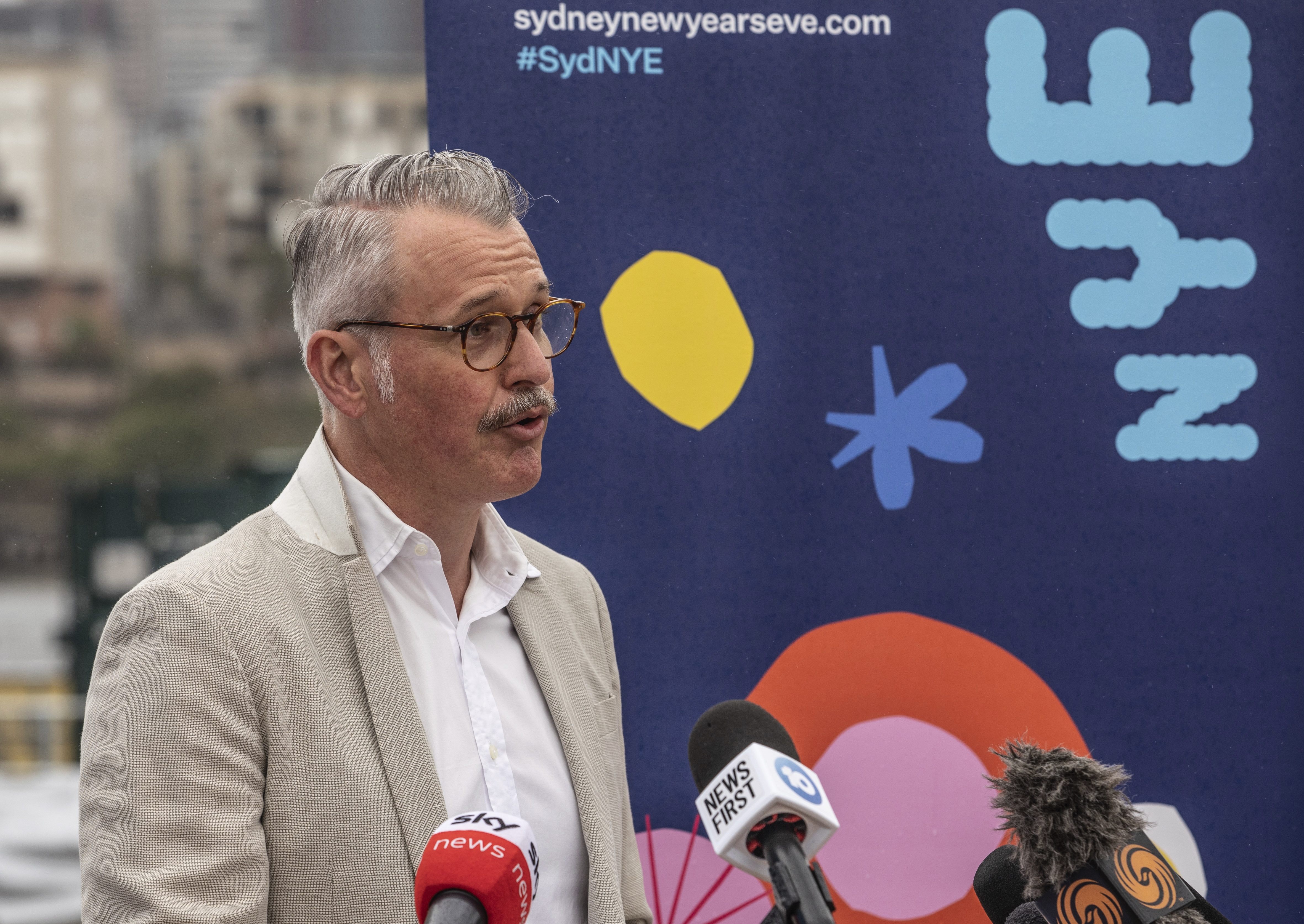 City of Sydney Program Manager, Stephen Gilby speaks at the media event for the 2021 NYE Fireworks display at Glebe Island in Sydney, on Wednesday, December 29, 2021. Photo by Cole Bennetts.