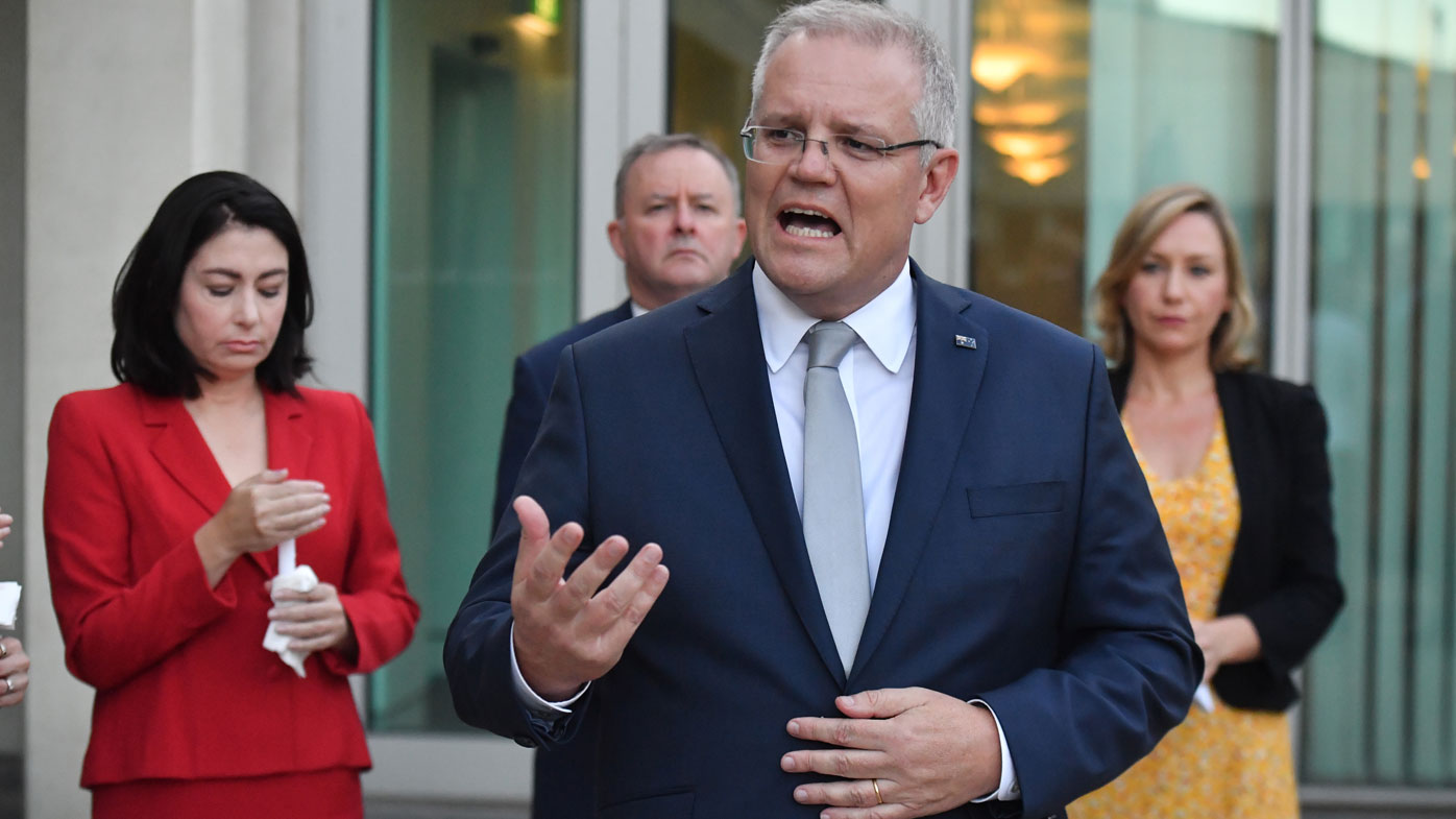 Prime Minister Scott Morrison speaks at a candlelight vigil by parliamentarians, for domestic violence murder victim Hannah Clarke and her children, at Parliament House in Canberra, Wednesday, February 26, 2020.