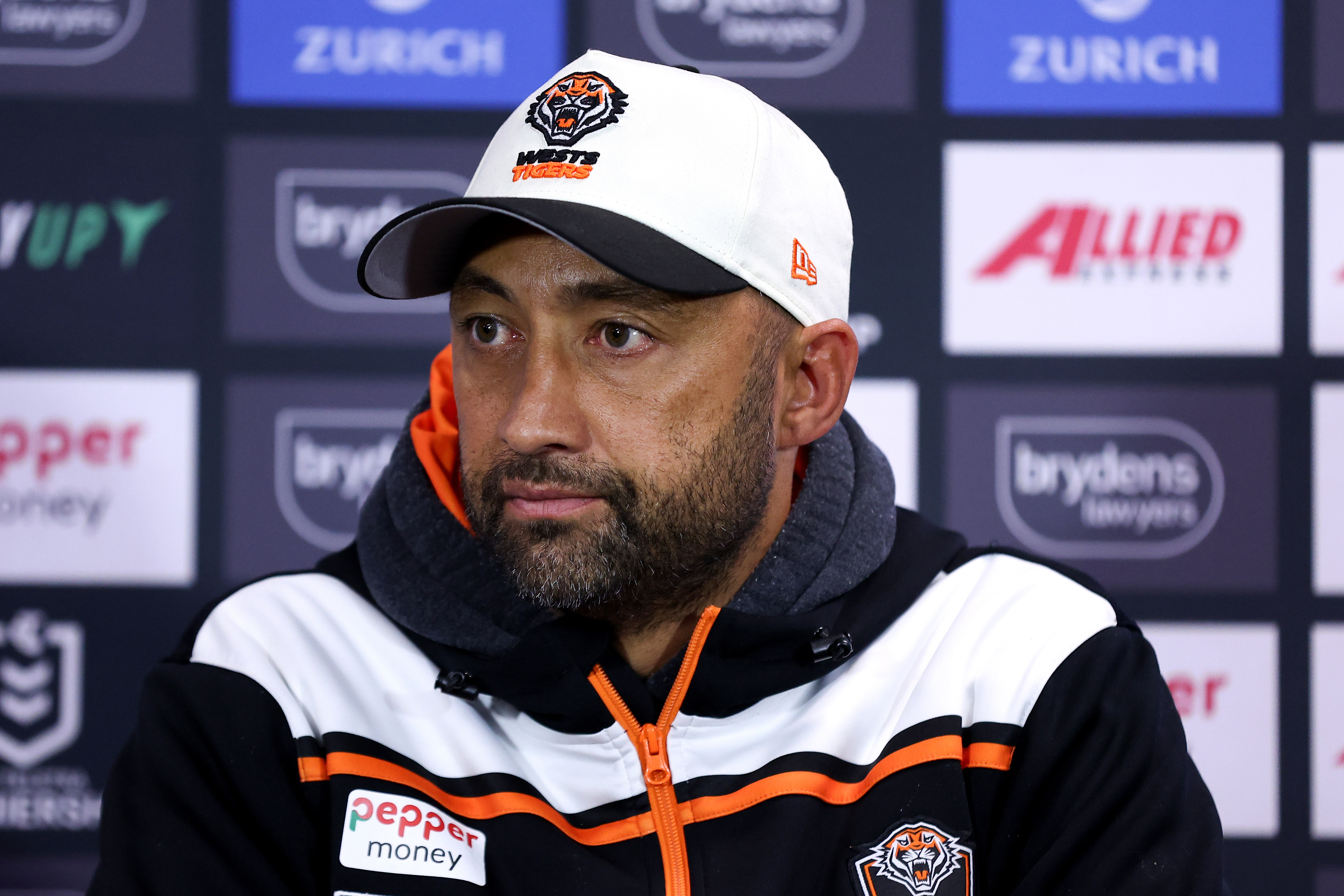 Wests Tigers coach Benji Marshall speaks to the media following the round 17 NRL match between Sydney Roosters and Wests Tigers at Allianz Stadium, on June 30, 2024, in Sydney, Australia. (Photo by Brendon Thorne/Getty Images)