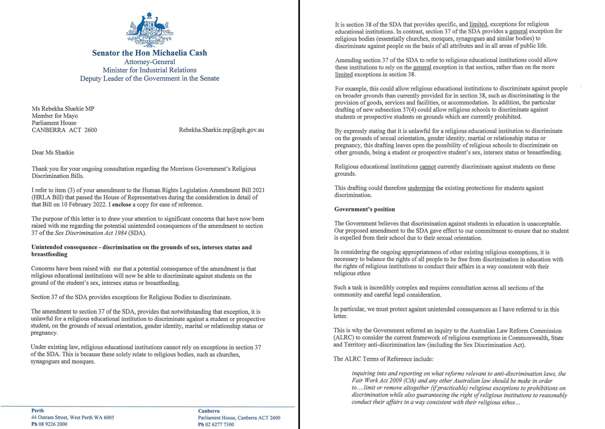 Rebekha Sharkie Religious Discrimination Bill letter