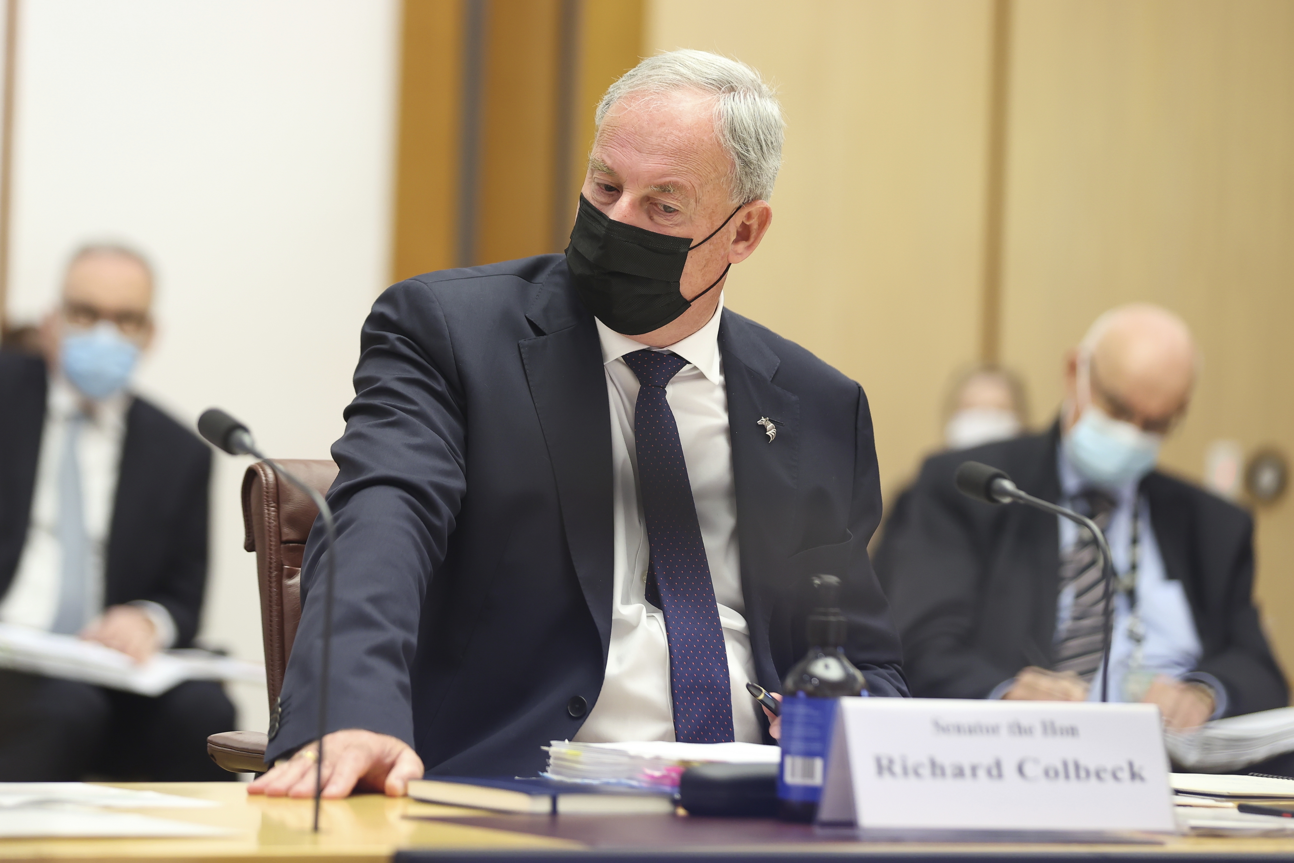 Minister for Senior Australians and Aged Care Services and Minister for Sport Richard Colbeck during a Senate hearing on COVID-19, at Parliament House in Canberra on  Wednesday 2 February 2022. fedpol Photo: Alex Ellinghausen