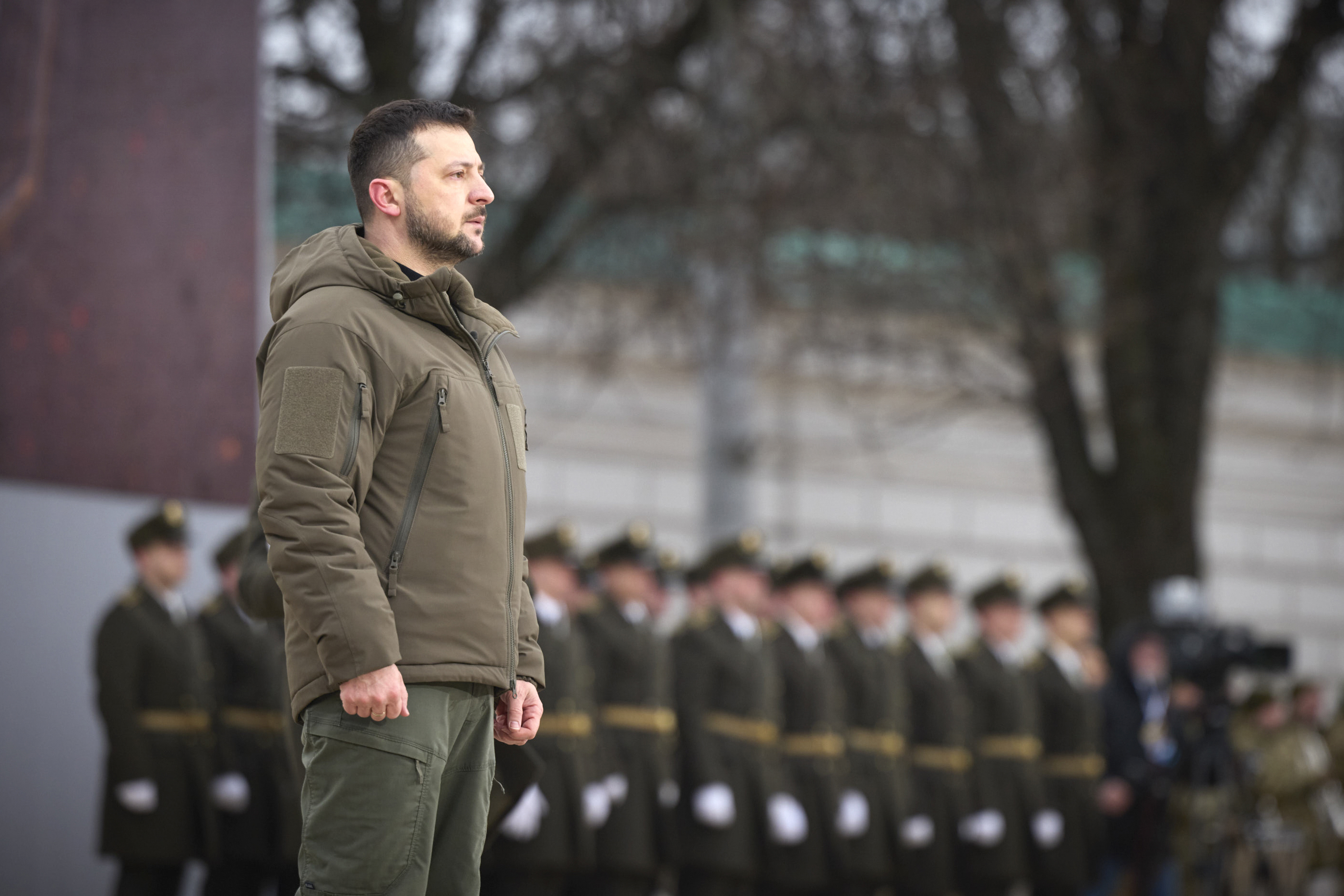 Ukrainian President Volodymyr Zelenskyy attends a commemorative event on the occasion of the Russia Ukraine war one year anniversary, in Kyiv, Ukraine, Friday, Feb. 24, 2023. 