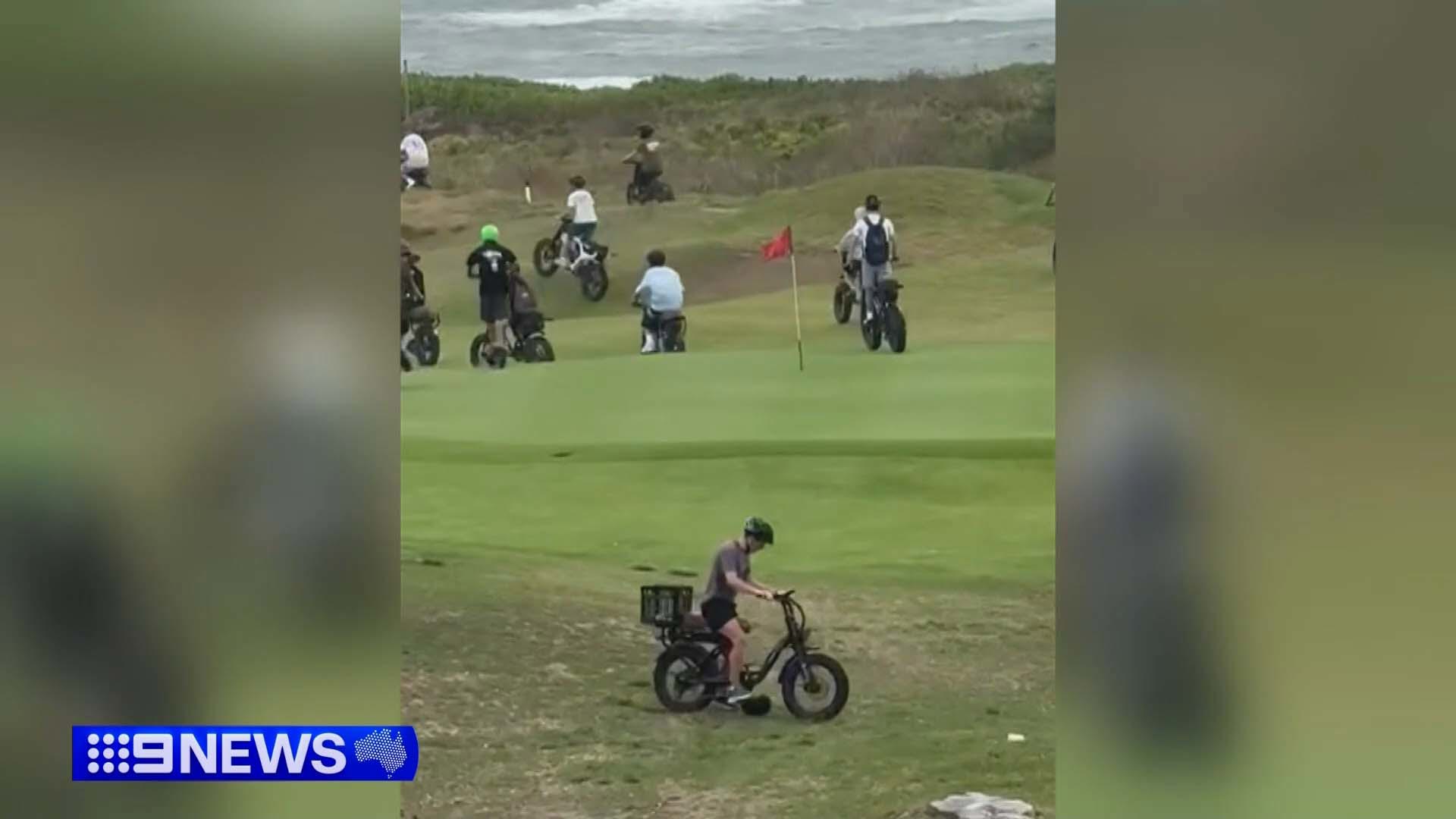 A gang of teenagers on e-bikes have been captured hooning down streets and even a golf club on Sydney's northern beaches, sparking fears it's only a matter of time before there's another fatality.